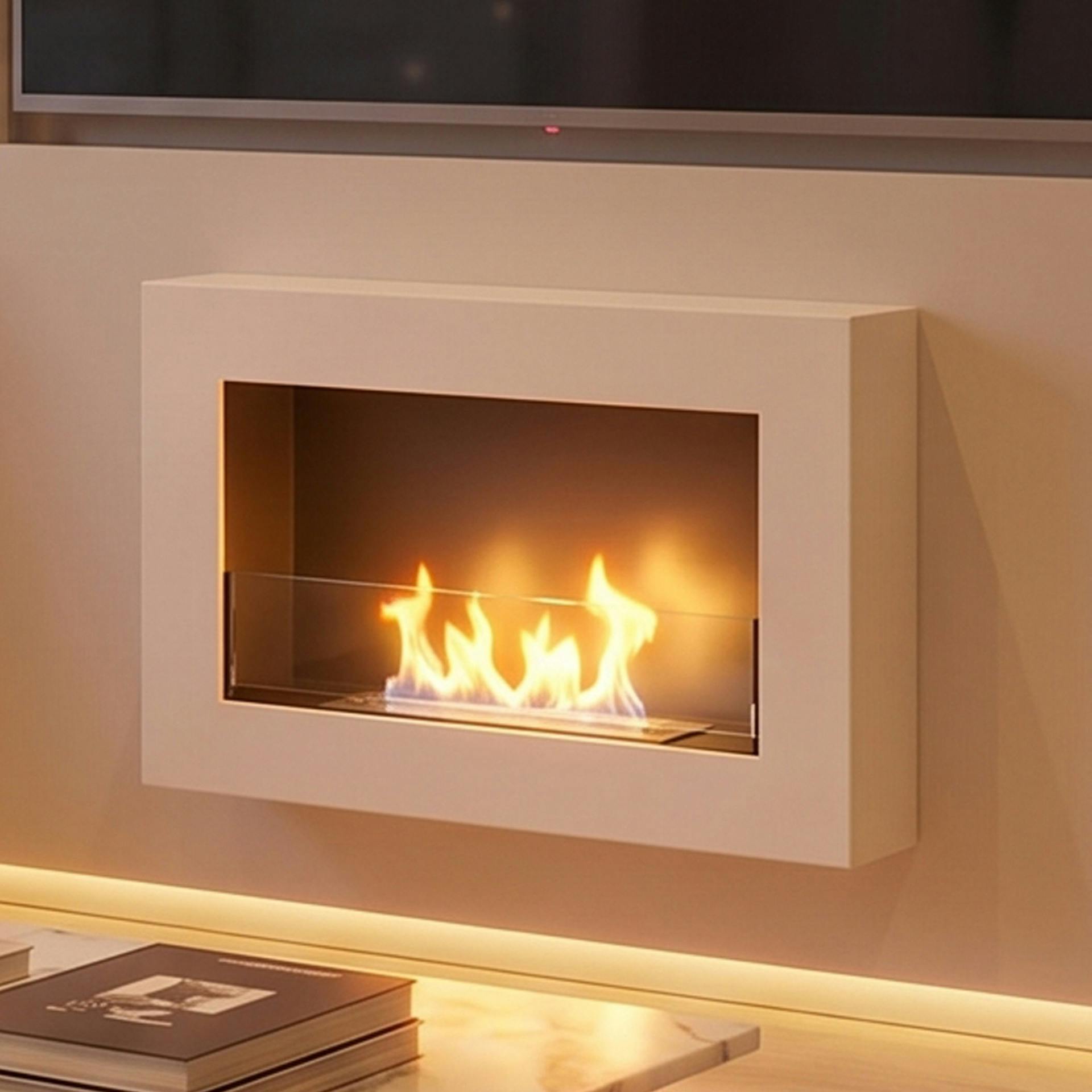 Biofireplacesgmt White Bioethanol Fireplace Wall Mounted 650X400 Matt With Glass Ventless - Powder Coated Steel - Wall Mounted