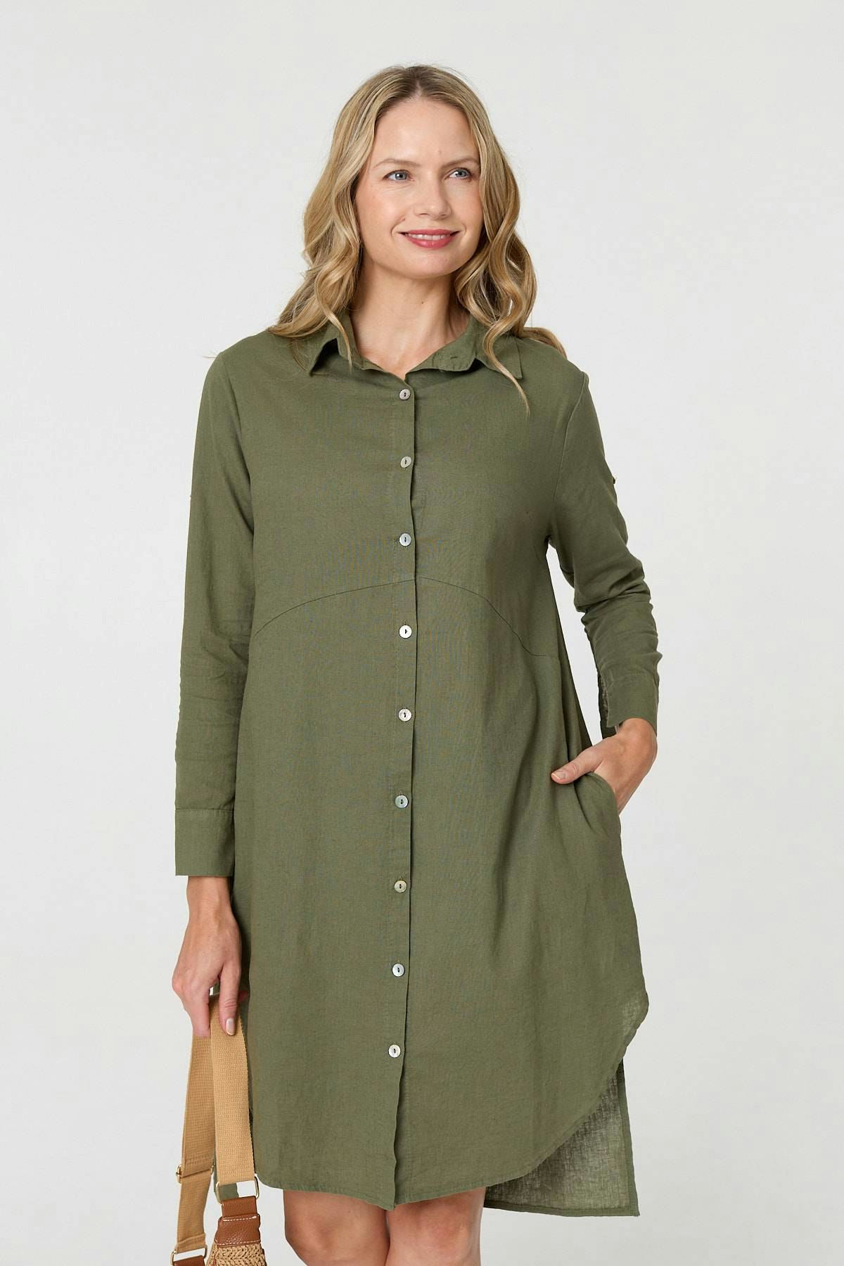 Izabel London Long Sleeve Split Hem Maxi Shirt Dress - Khaki Medium