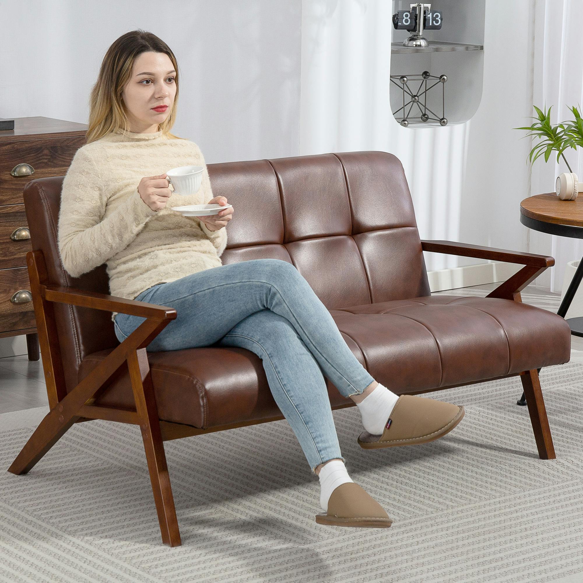 HOMCOM Compact Small Sofa with Solid Wood Frame, Vintage 2 Seater Sofa Brown - Image 5