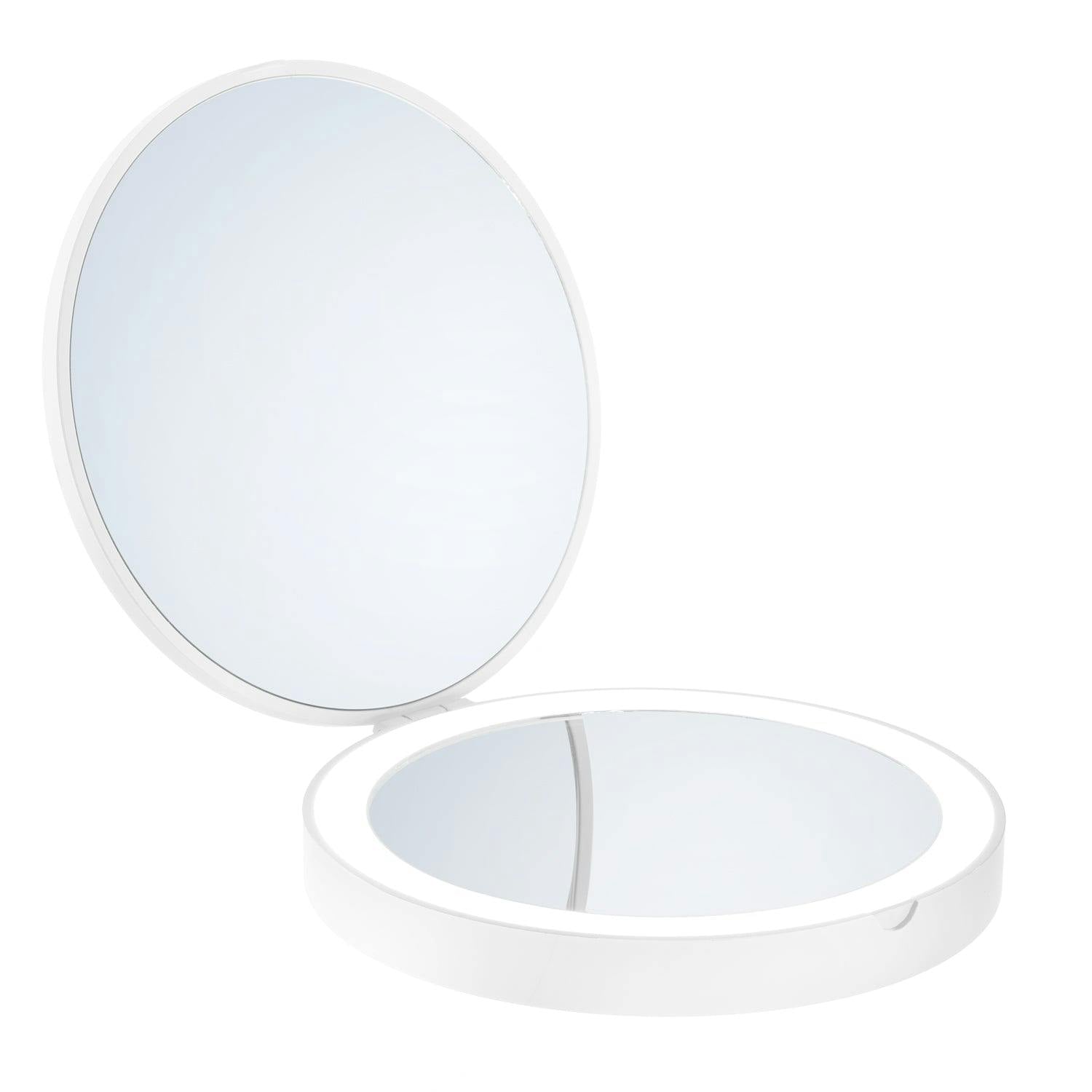 Smedbo White Matt Foldable Portable Travel Led Mirror (120Mm) With 7X Magnification For Makeup Shaving Or Grooming