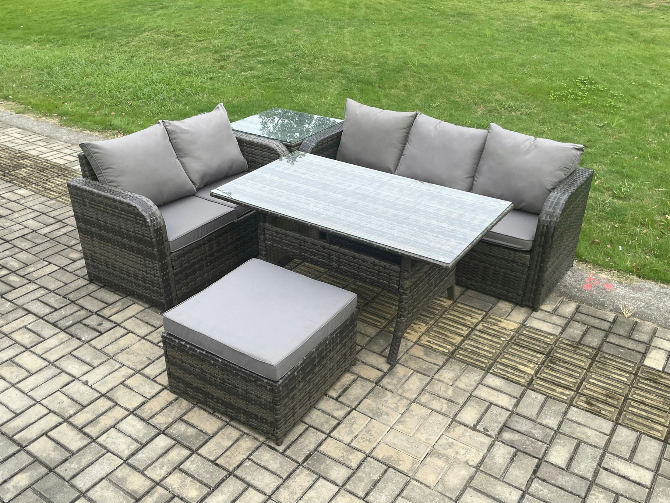 Rackhams Dark/Grey Outdoor Garden Patio Furniture Wicker Rattan Oblong Rectangular Dining Table And Lounge Sofa Set With Side Table Big Footstool Mixed