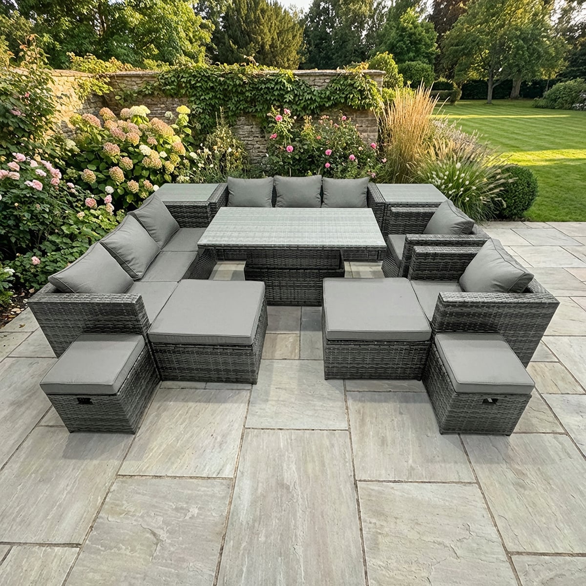 Rackhams Dark/Grey 12 Seater Rattan Garden Furniture Set With Dining Table, 2 Sofas, 2 Side Tables, 2 Armchairs, 4 Stools - Mixed