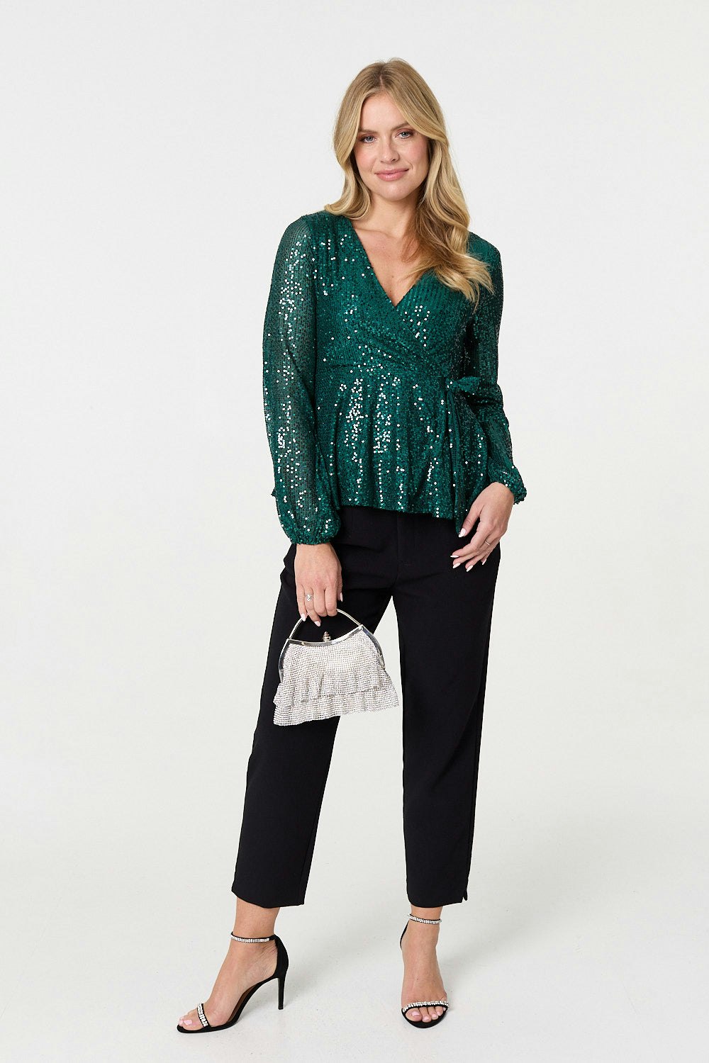 Izabel London Green Sequin Embellished Long Sleeve Peplum Top - 8