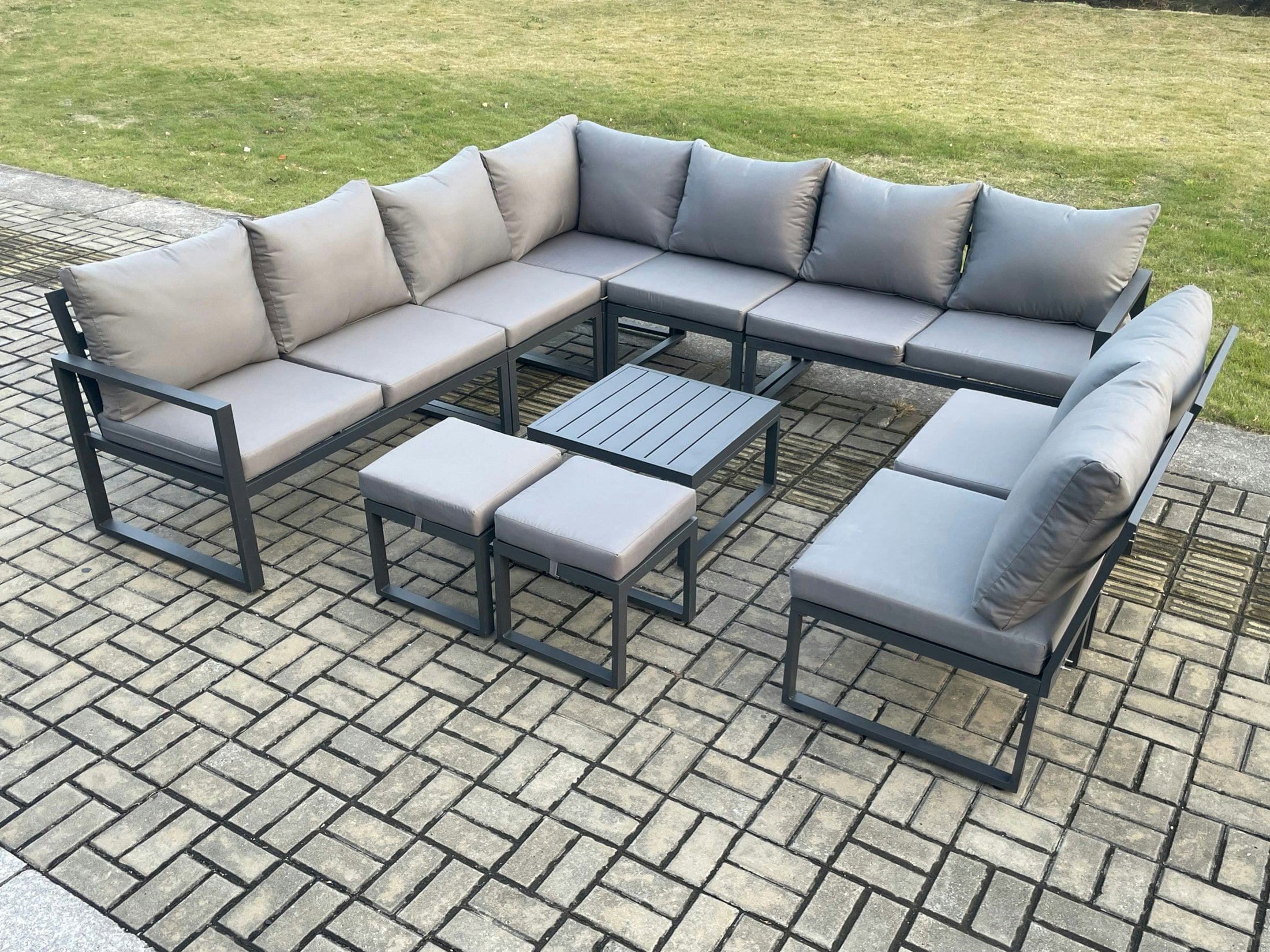 Fimous Dark/Grey 11 Seater Patio Outdoor Garden Furniture Aluminium Lounge Corner Sofa Set With Square Coffee Table With 2 Small Footstools