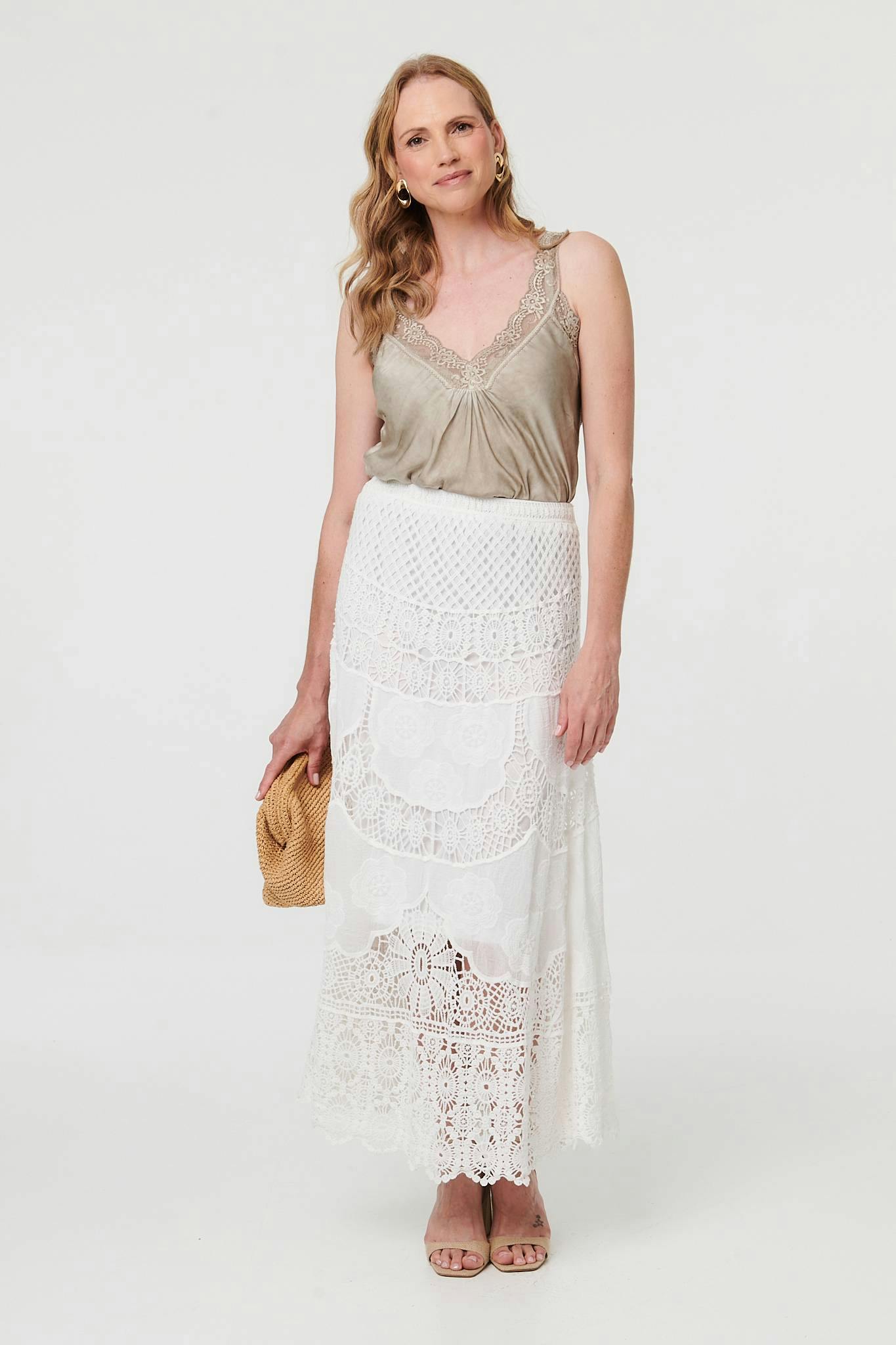 Izabel London White Crochet Textured High Waist Maxi Skirt - S/M