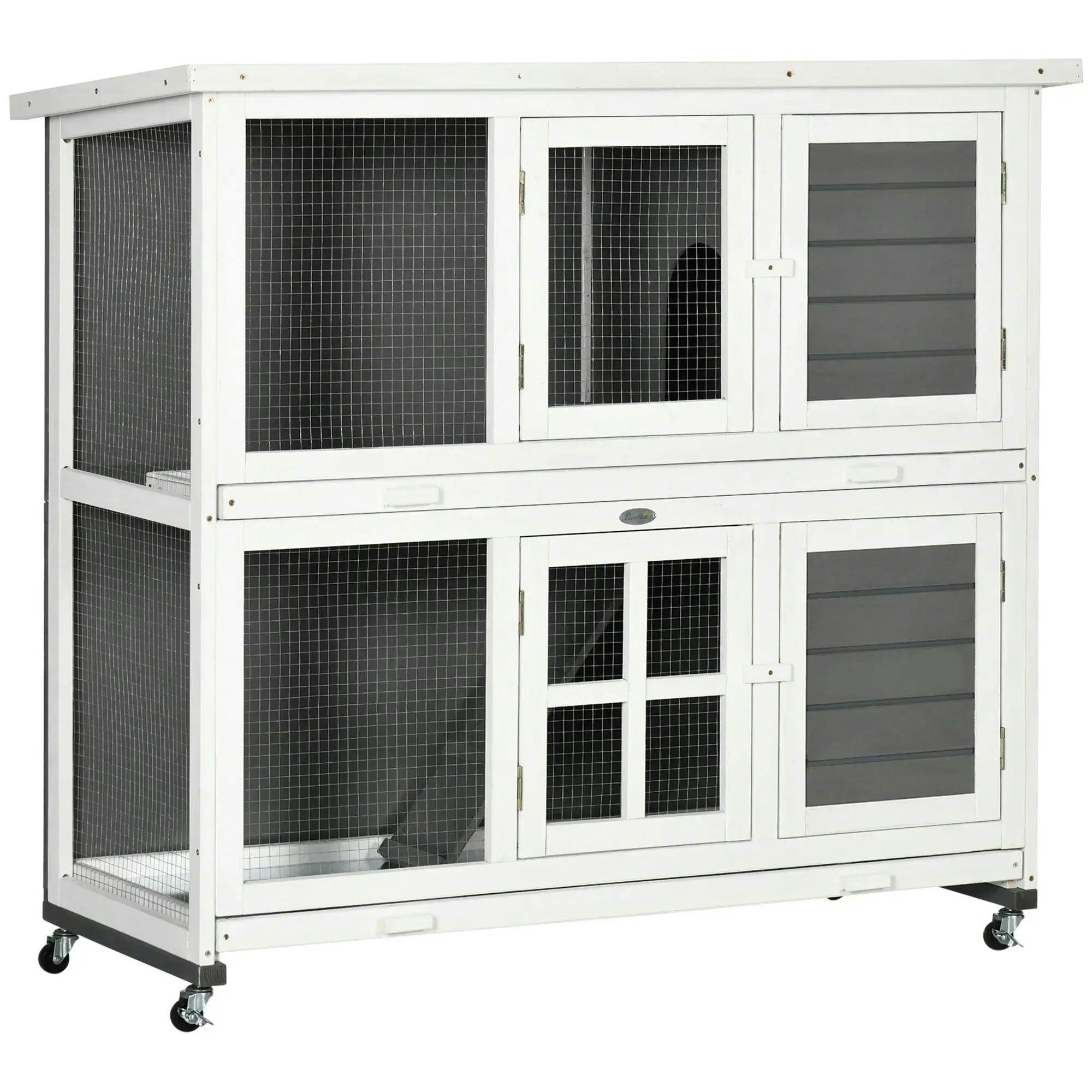 Pawhut Small Animal Hutch With Wheels, Wooden Pet Cage House - Grey - Image 6