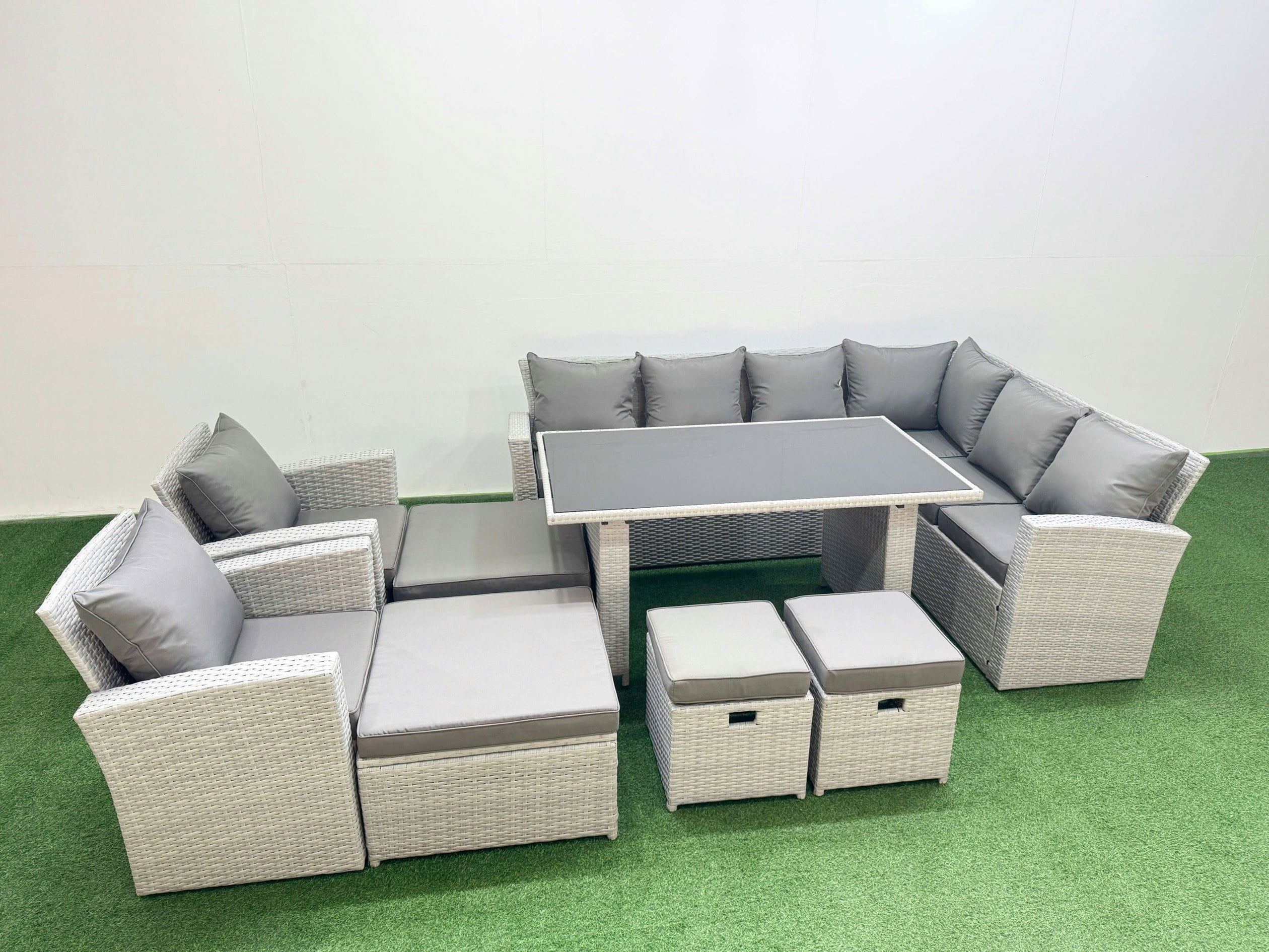 Rackhams Light/Grey Outdoor Garden Furniture Sets 12 Seater Wicker Rattan Corner Sofa Sets With Rectangular Dining Table Lounge Sofa 4 Footstools