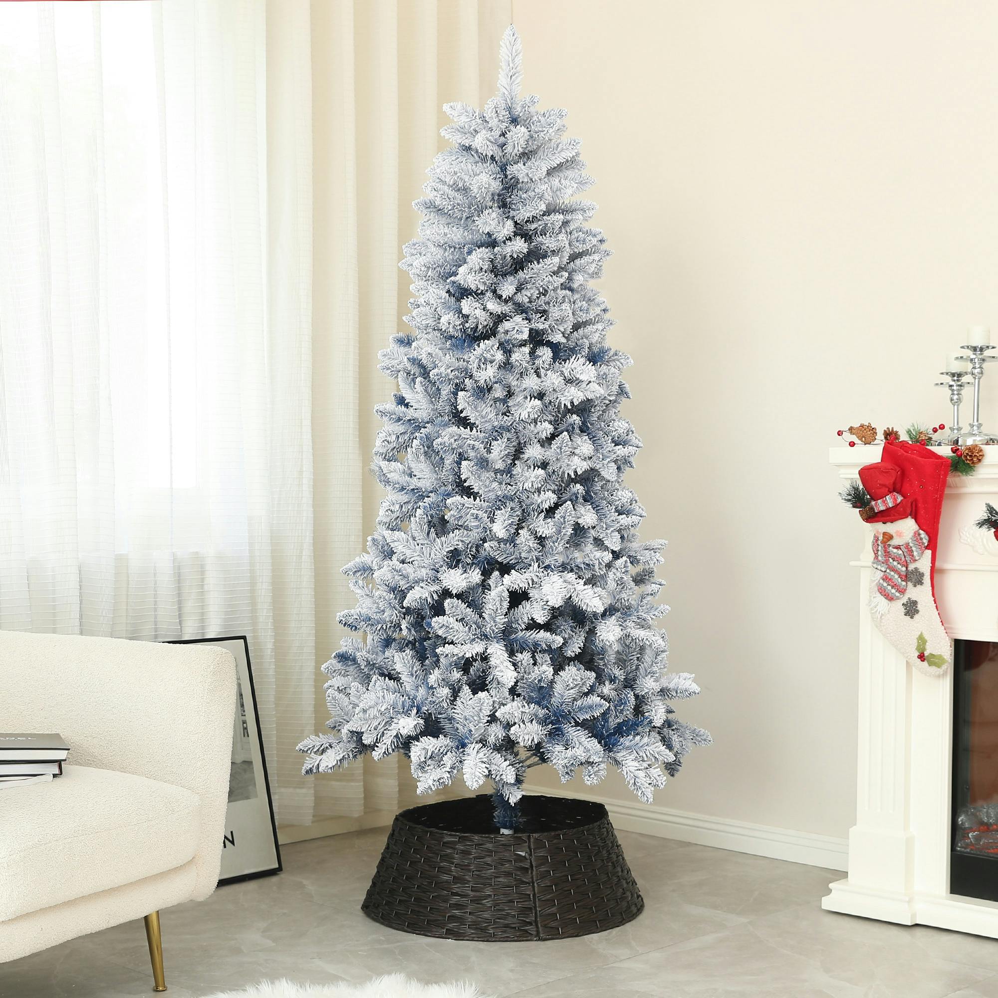 Rackhams Blue 6 Foot Artificial Snow Flocked Christmas Tree With Hinged Branches
