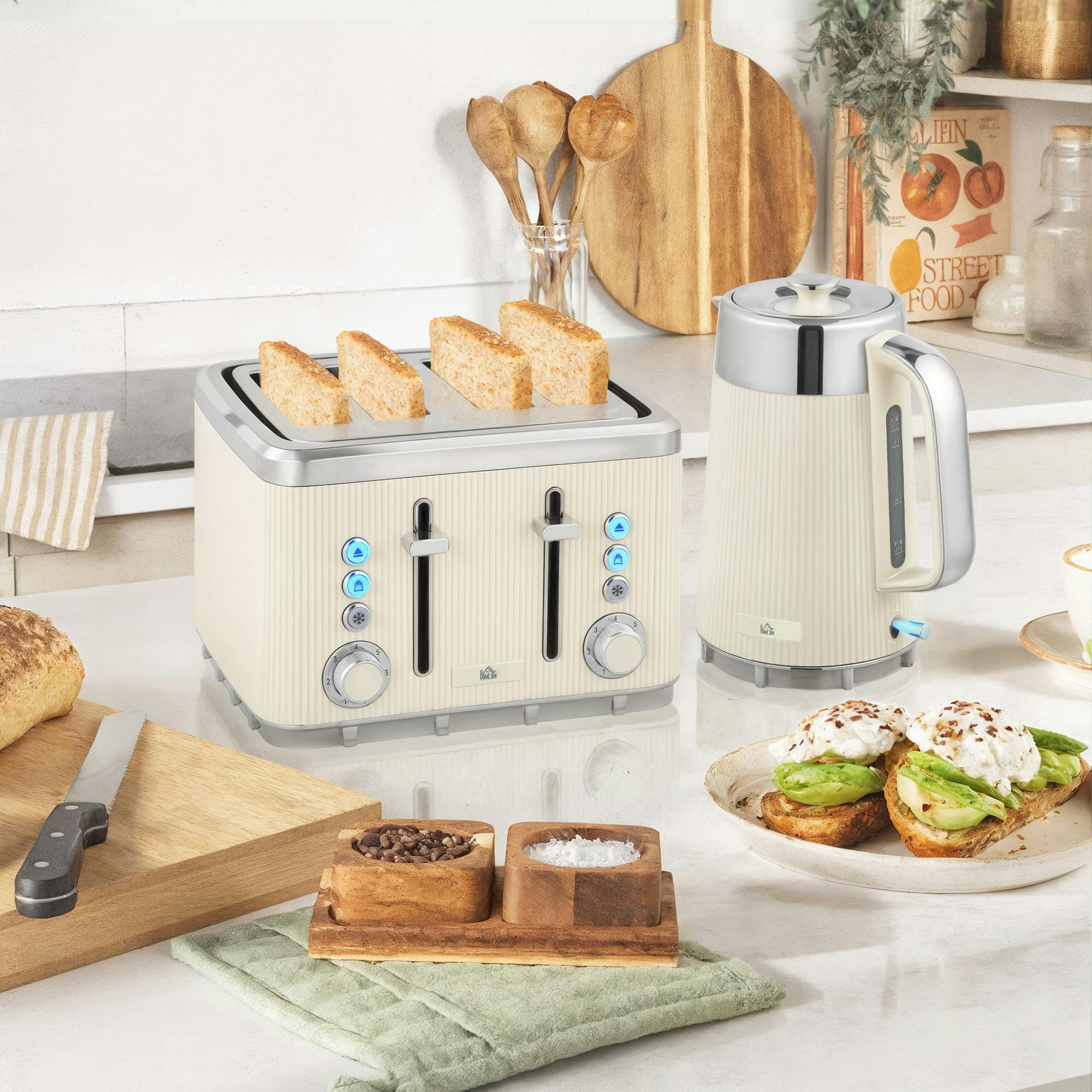 Homcom Black/Cream 1.7L 3000W Rapid Boil Kettle And 4 Slice Toaster Set Crumb Tray - Kettle: 21.2 X 15.5 X 25.5 Cm, Toaster: 28 X 26.8 X 18.9 Cm - Kettle And Toaster Set