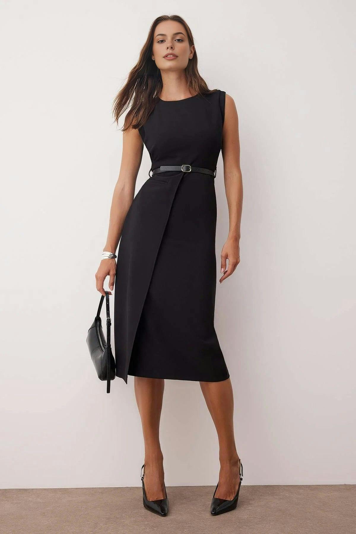Wovcor Black Belt Detailed Woven Midi Dress - 12