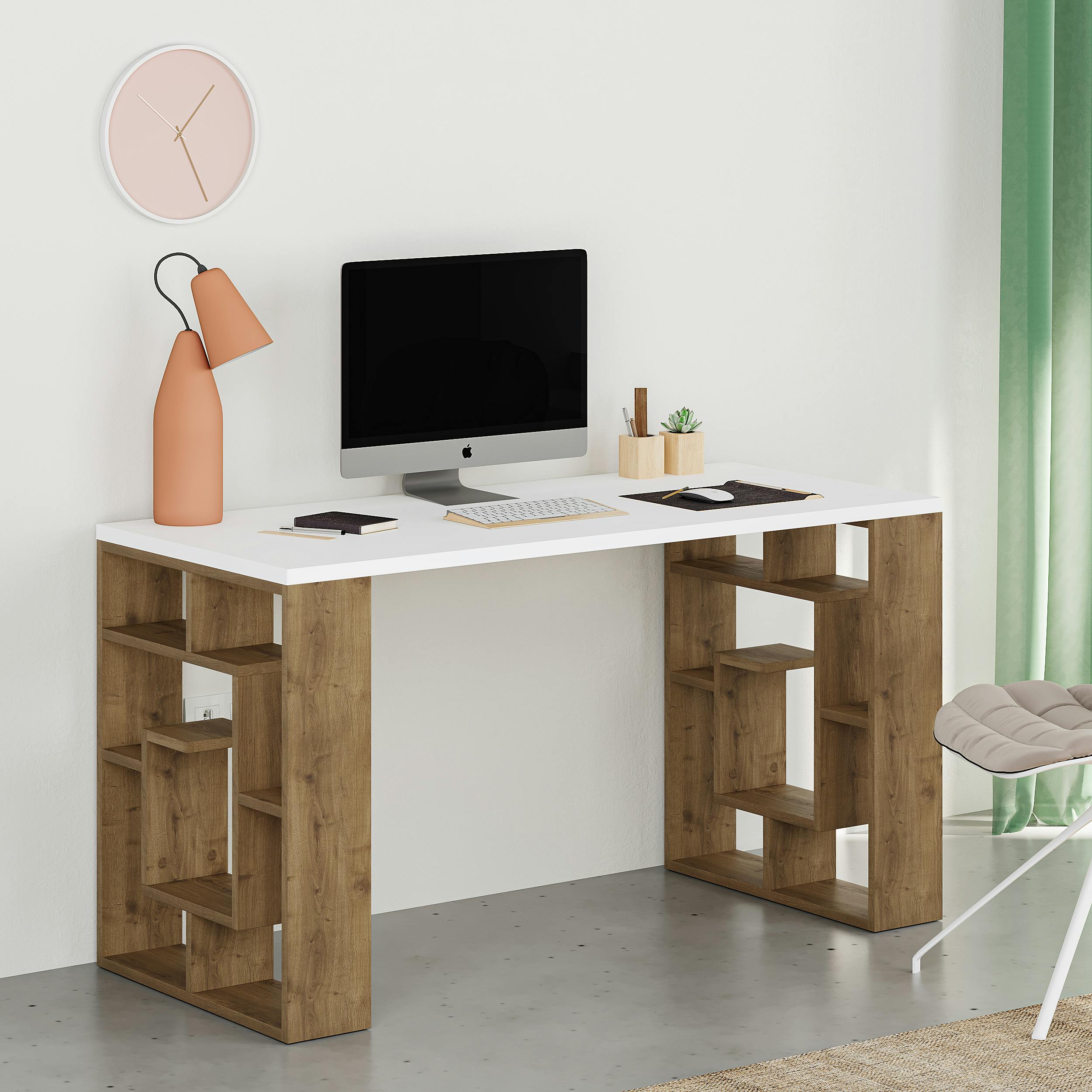 Photos - Office Desk Rackhams Labirent Modern Desk with Bookshelf Legs White Anthracite Grey 137cm - Dark Oak Effect