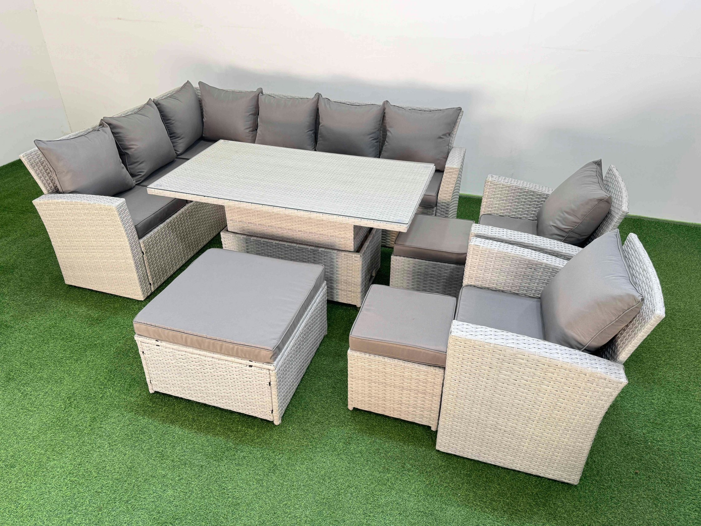 Rackhams Light/Grey 11 Seat Rattan Outdoor Garden Furniture Corner Sofa Set Adjustable Lifting Dining Or Coffee Table Set With 3 Footstools