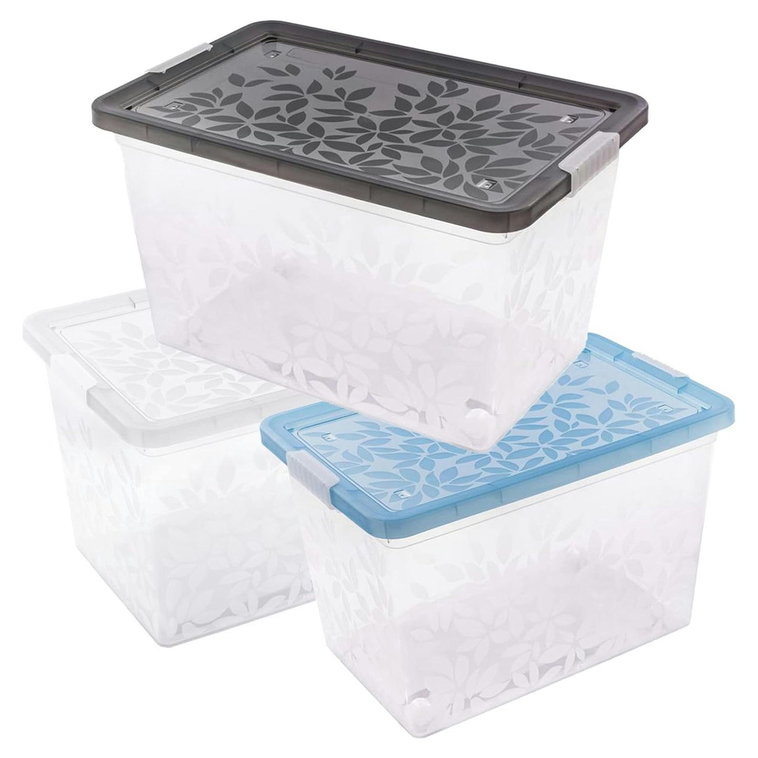 Rackhams Blue/Black Elegant Jasmine Leaves Plastic Storage Containers With Clip Locked Lids - 55 Litre (3 Lids Each & Clear) - 9 X