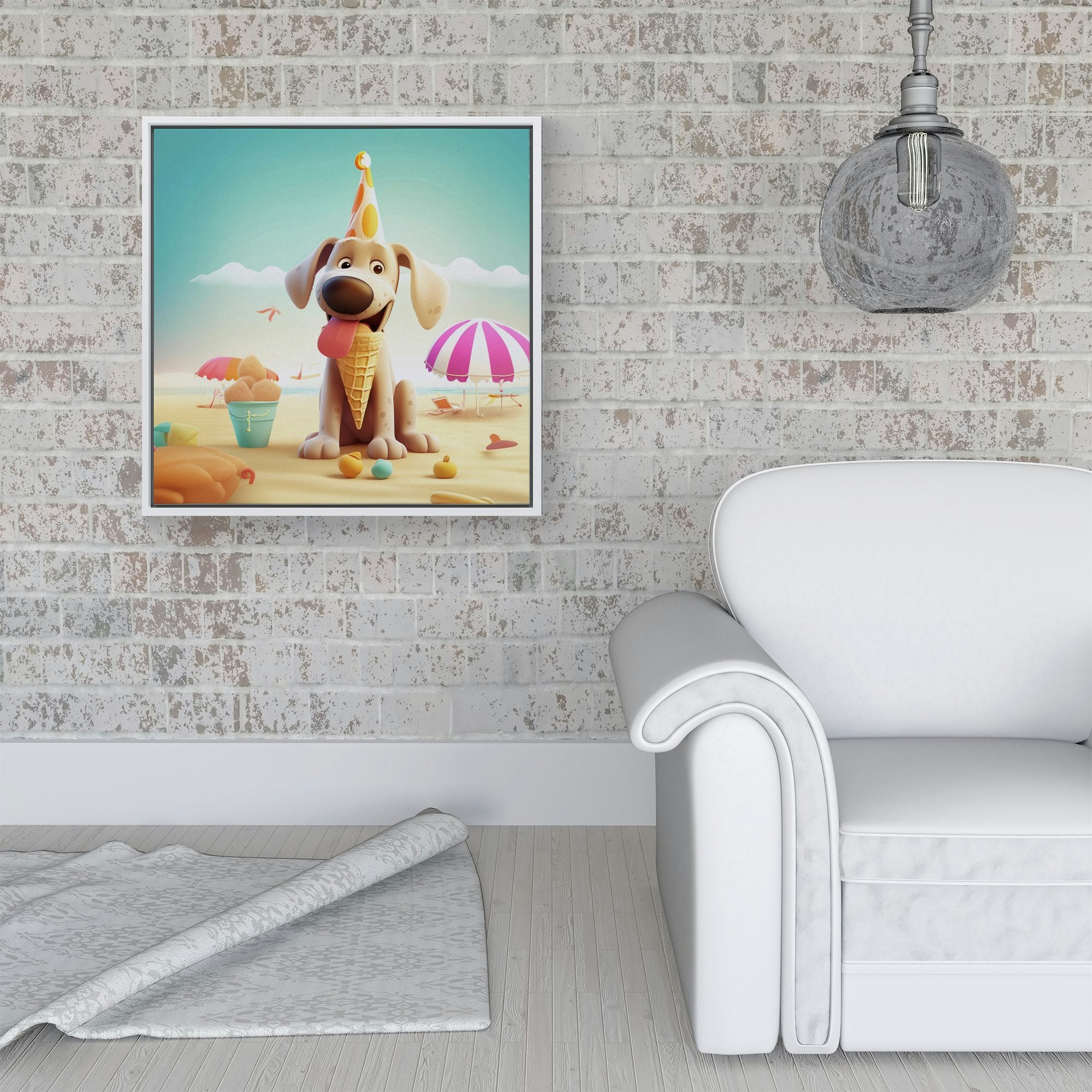 Rackhams White Dog On A Beach Holiday Framed Canvas - 16" X 16"