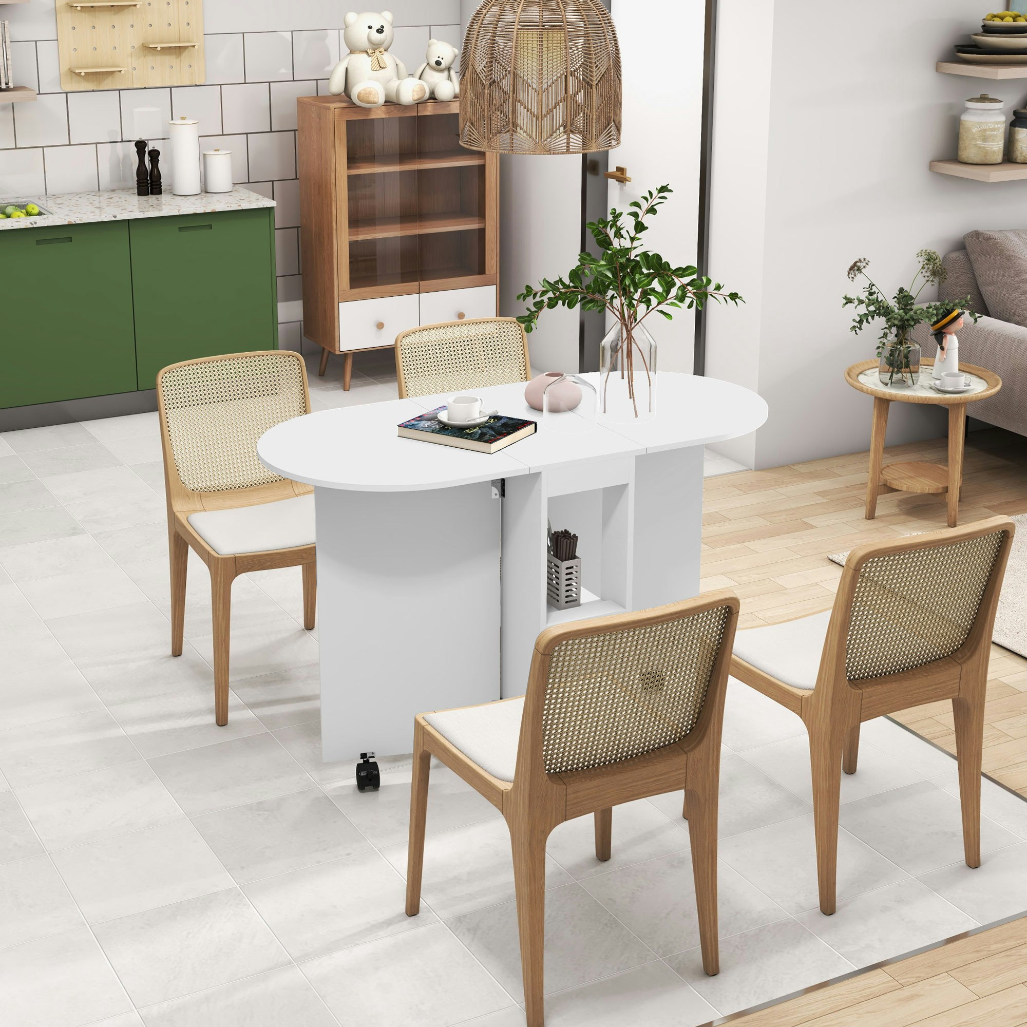 Rackhams White Folding Dining Table For Small Spaces With 2-Tier Shelves