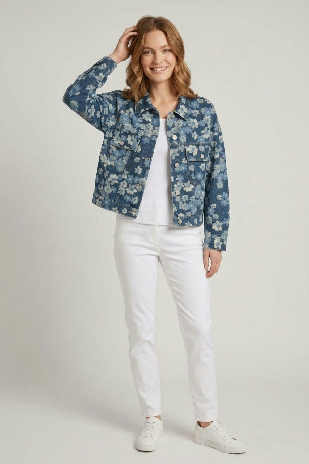 Izabel London Blue Floral Relaxed Denim Jacket - M