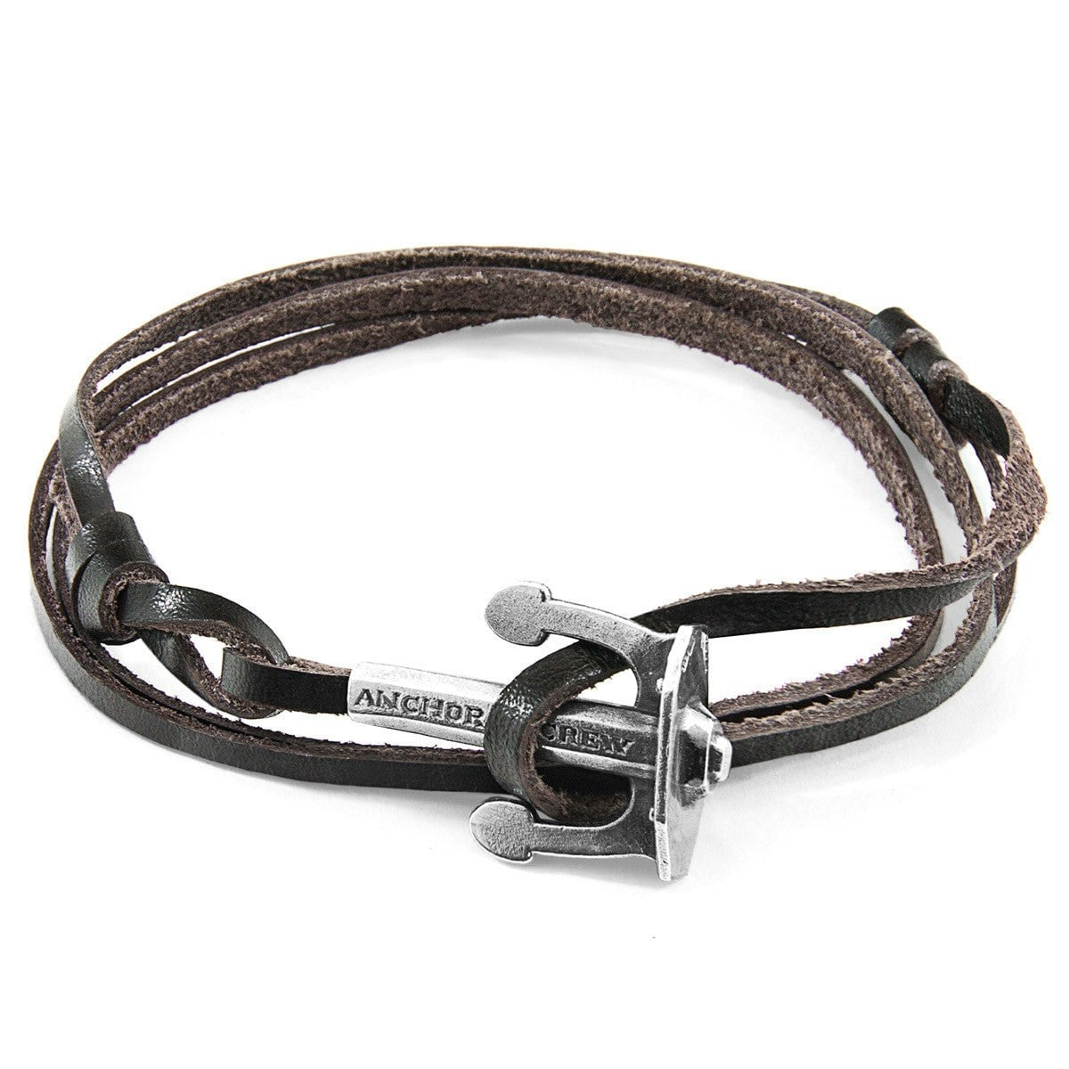 Anchor & Crew Dark/Brown/Silver Union Anchor And Flat Leather Bracelet