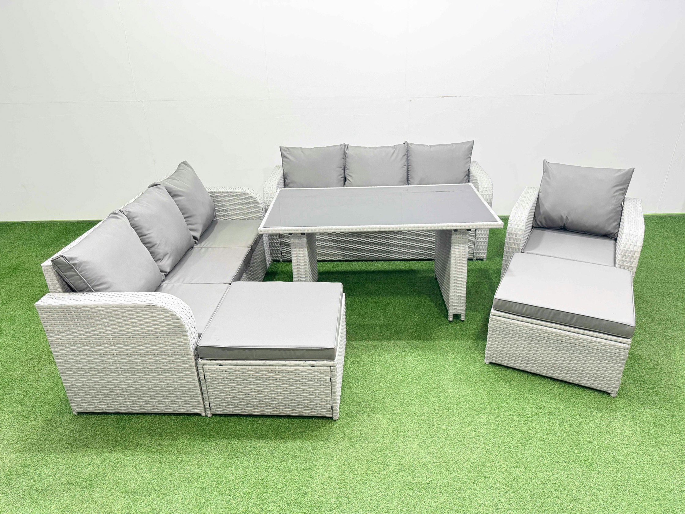 Fimous Light/Grey Rattan Garden Furniture Dining Set 9 Seater Patio Rectangular Table Sofa Set With 2 Big Stools