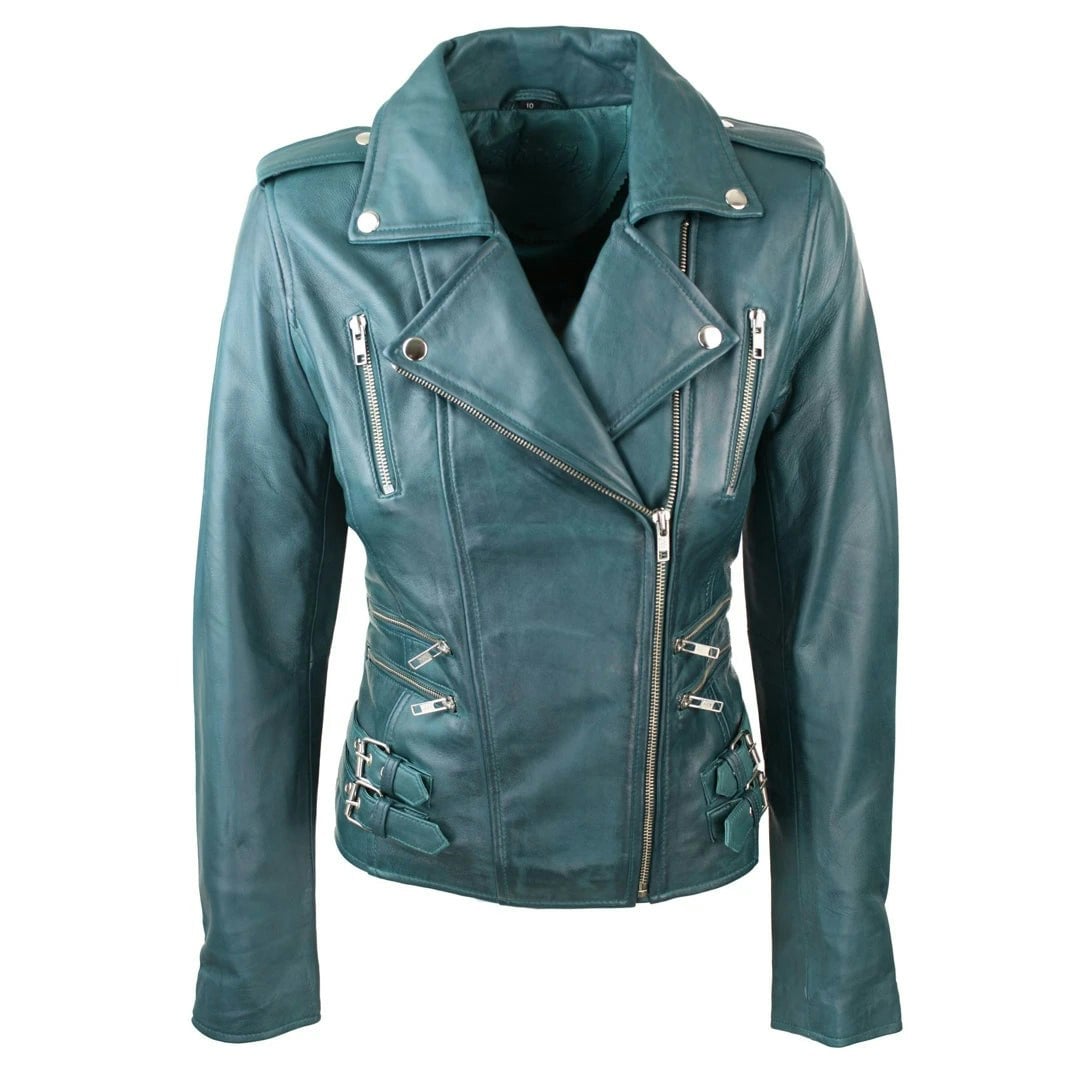 Infinity Leather Women's Leather Company Leather Short Biker Jacket - Uk 12 - Teal