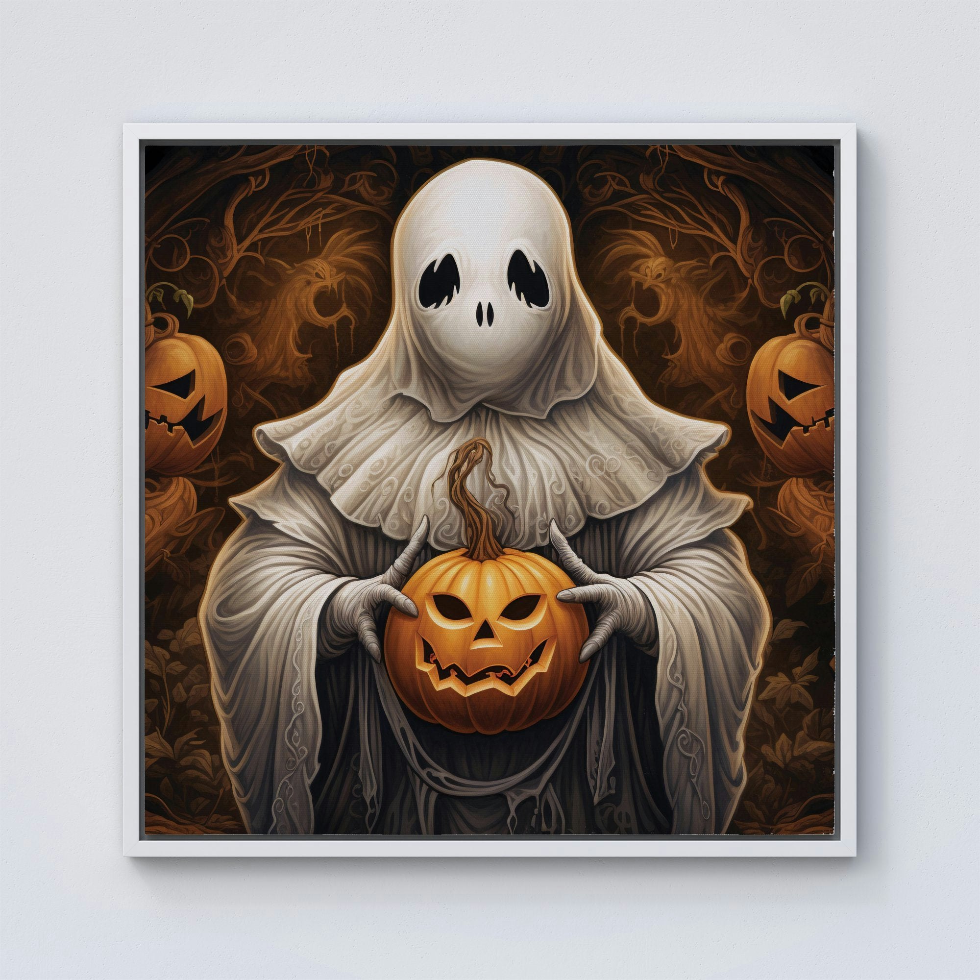 Warren Reed White Spooky Ghost Holding Pumpkin Framed Canvas - 30" X 30"