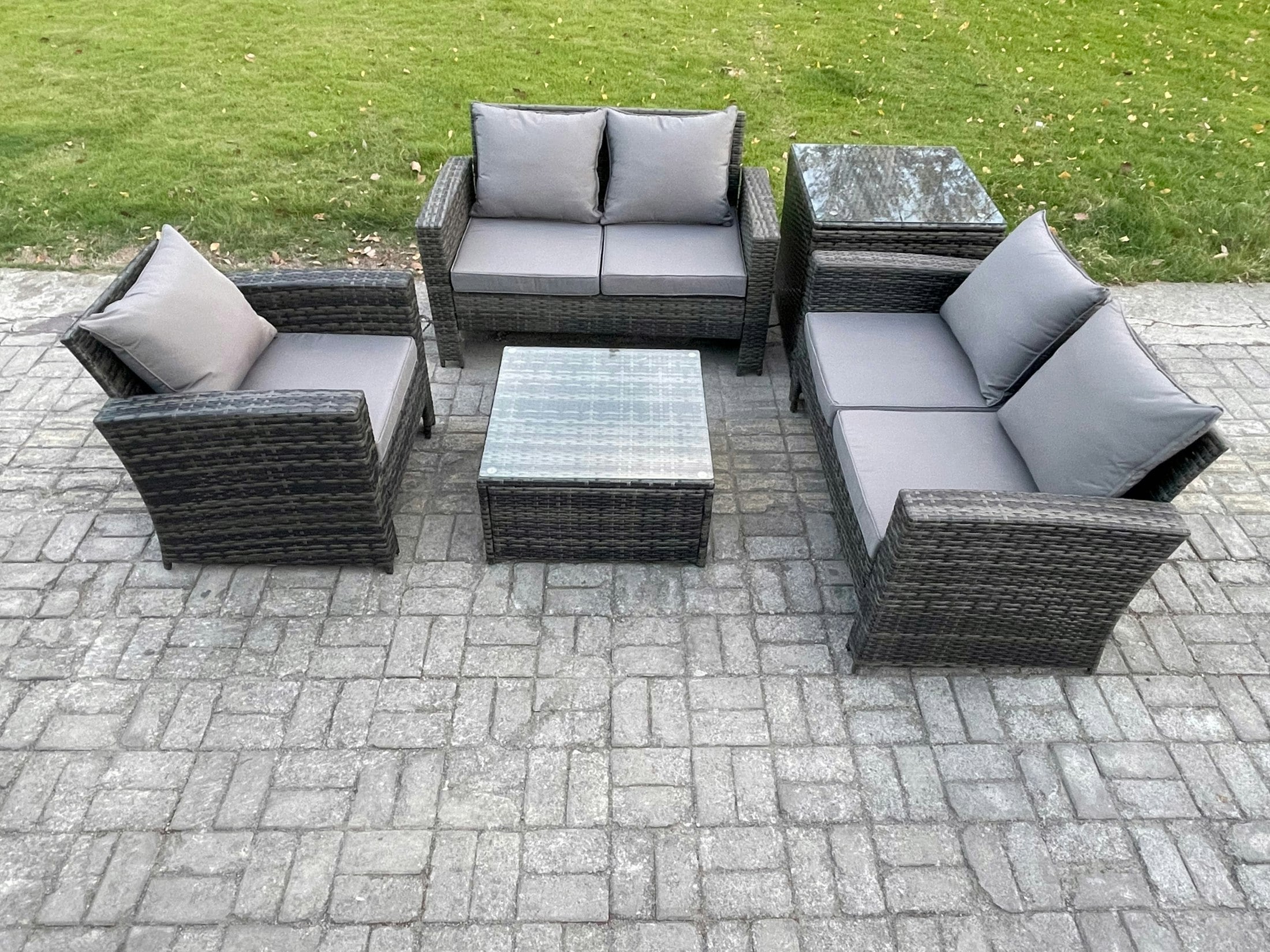 Fimous Dark/Grey Outdoor Rattan Garden Furniture Set Conservatory Patio Sofa Coffee Table Set With Chair Side Table Mixed