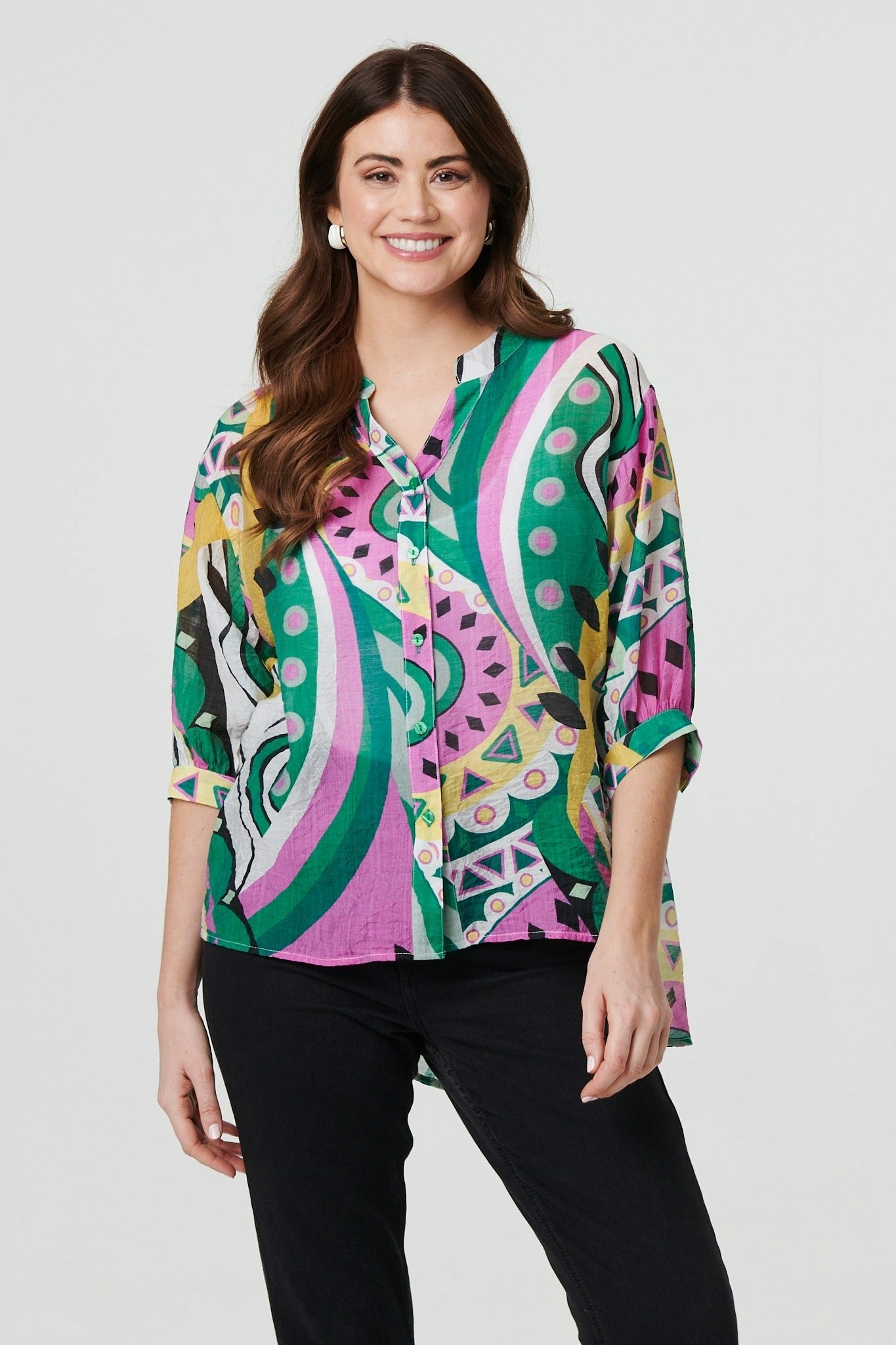 Izabel London Green Abstract Print 3/4 Sleeve Relaxed Shirt - 12