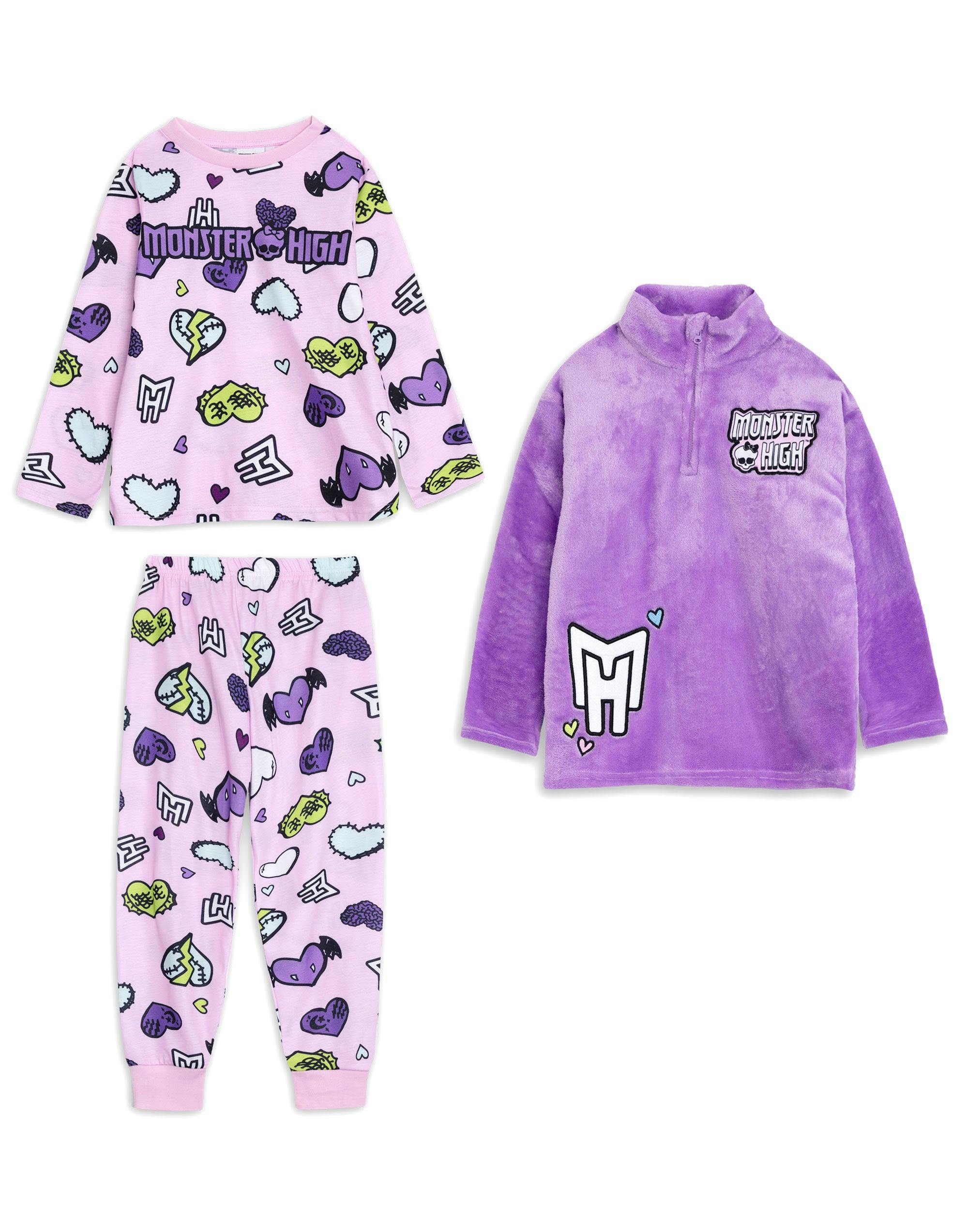 Vanilla Underground Girls Pink/Purple Monster High Multicoloured Hearts Long Sleeve Long Leg Pyjama And Jumper 3 Piece Set - 7-8 Years