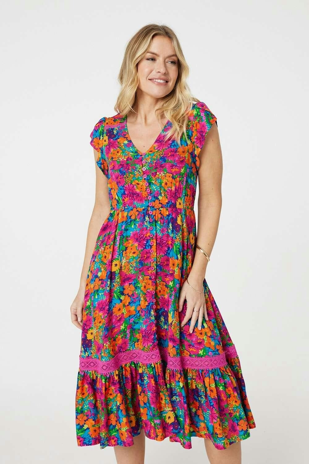 Izabel London Pink Floral Lace Trim Cap Sleeve Midi Dress - 16