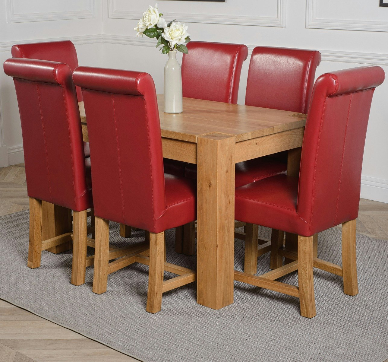 Rackhams Burgundy Kuba Oak Dining Table With Washington Leather Chairs - 6 Chairs Small