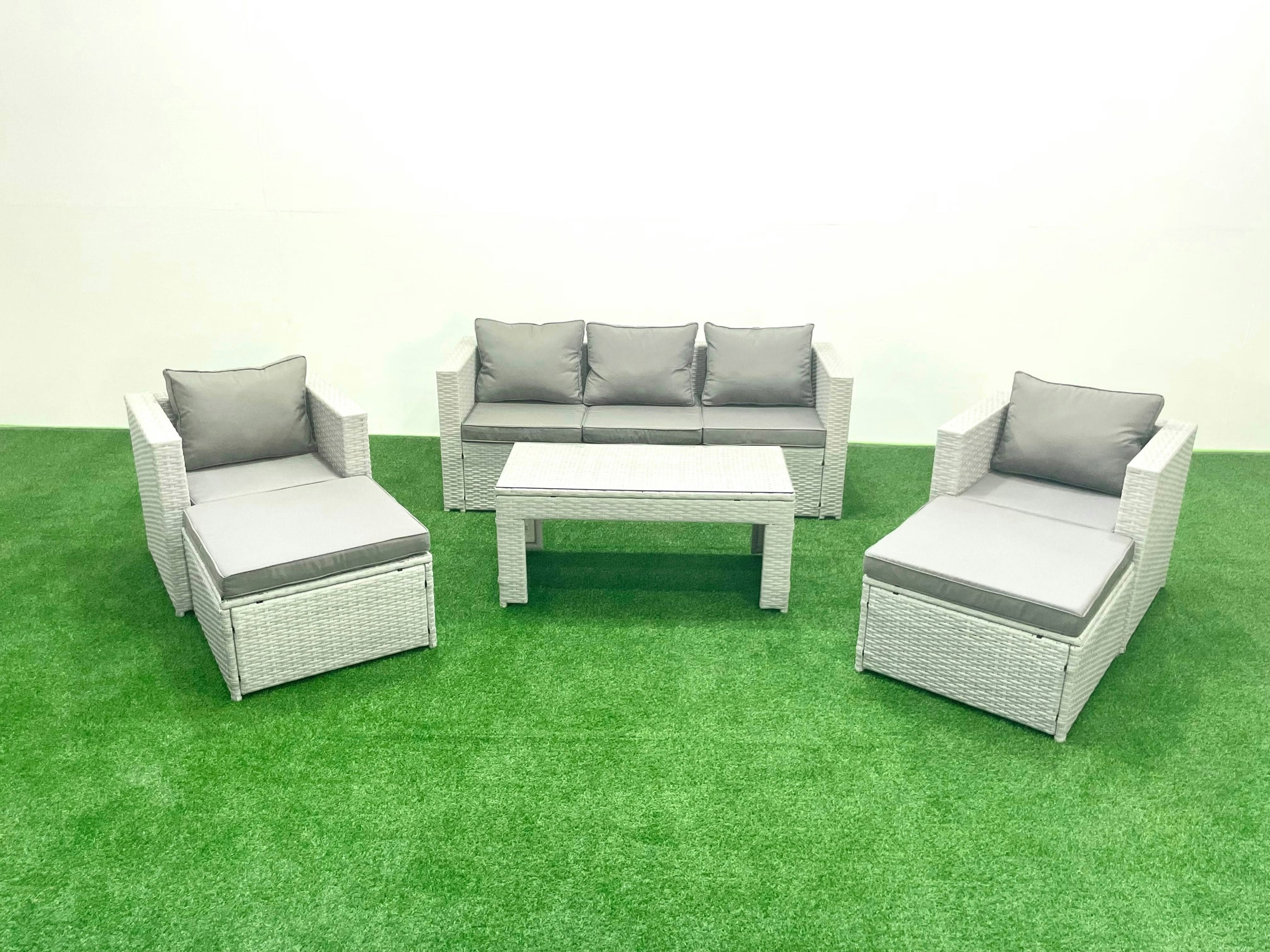 Rackhams Light/Grey Rattan Garden Furniture Set 7 Seater Outdoor Garden Sofa 2 Chairs Oblong Coffee Table Set With 2 Stools Mixed