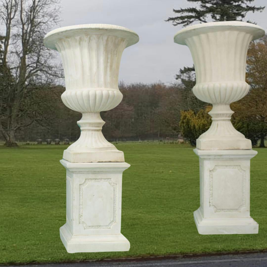 Rackhams White Pair Of Giant Flute Stone Garden Vases On Plinths