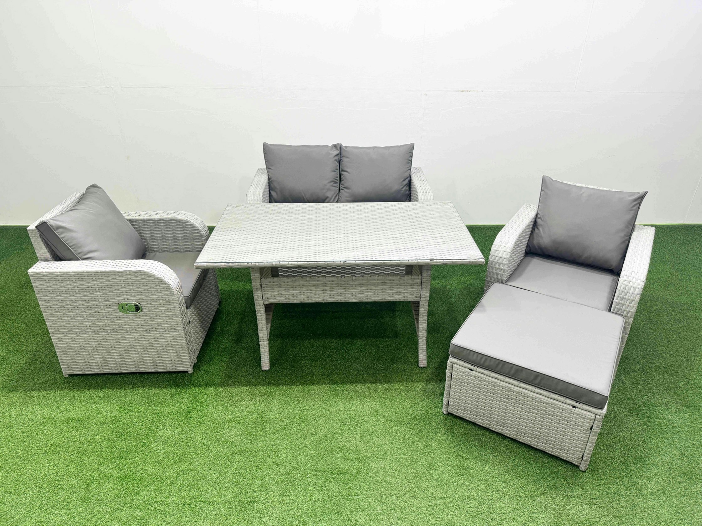 Rackhams Light/Grey Pe Wicker Rattan Garden Furniture Set Sofa Set Reclining Chair Rectangular Dining Table 5 Seater With Footstool