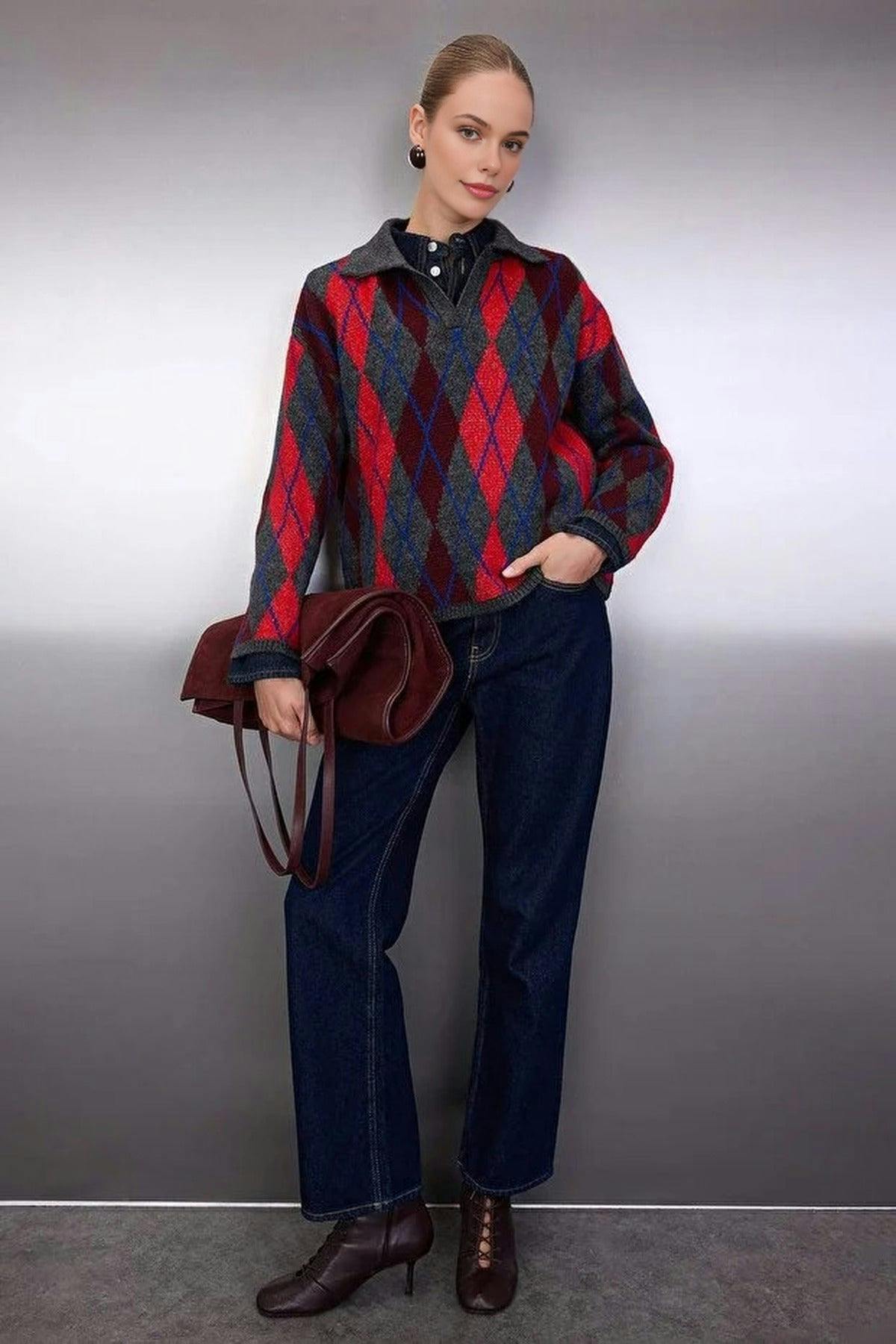 Wovcor Patterned Polo Collar Knit Sweater - Multi - M