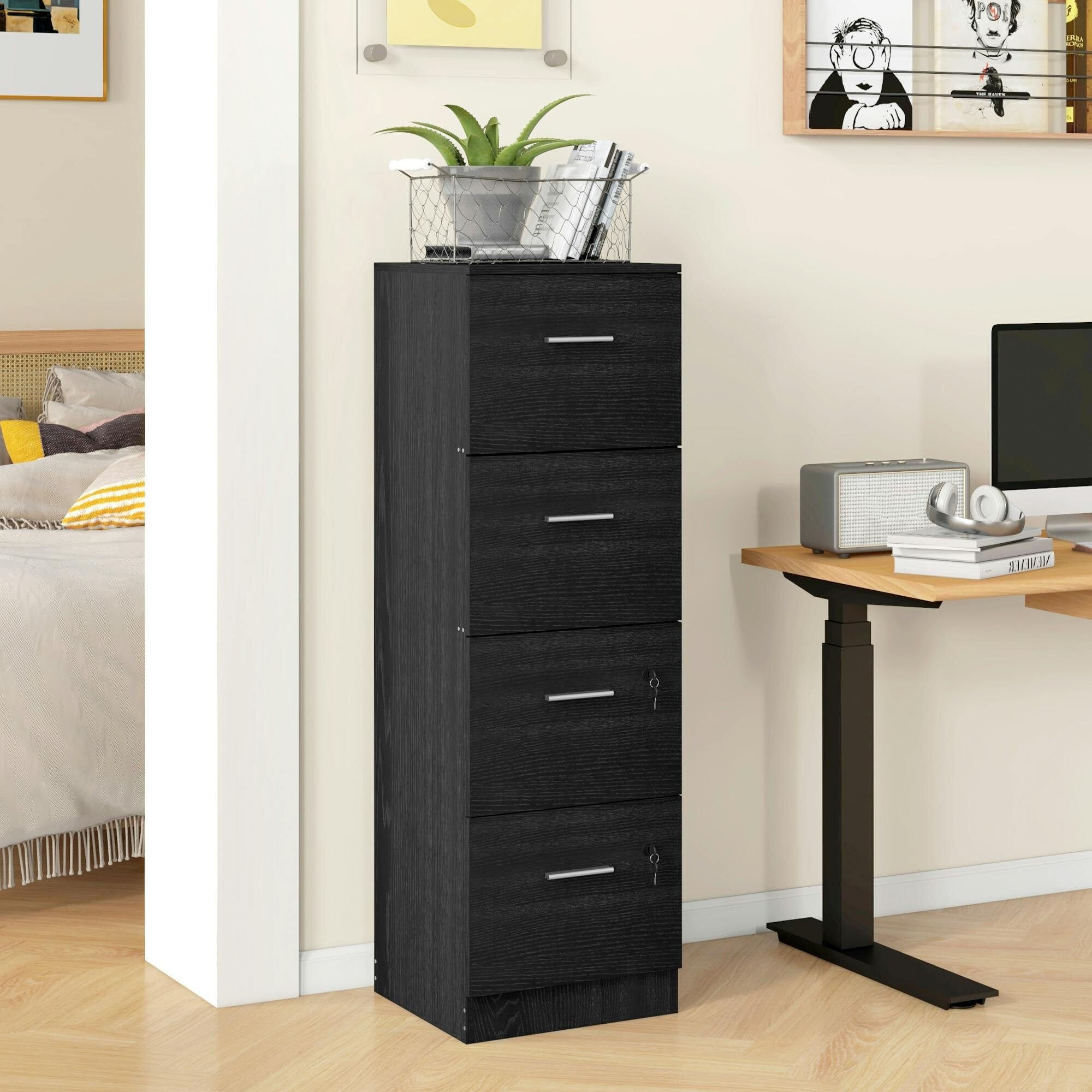 Rackhams Black 4 Drawer File Cabinet Locking Filing Cabinet, Wood Effect