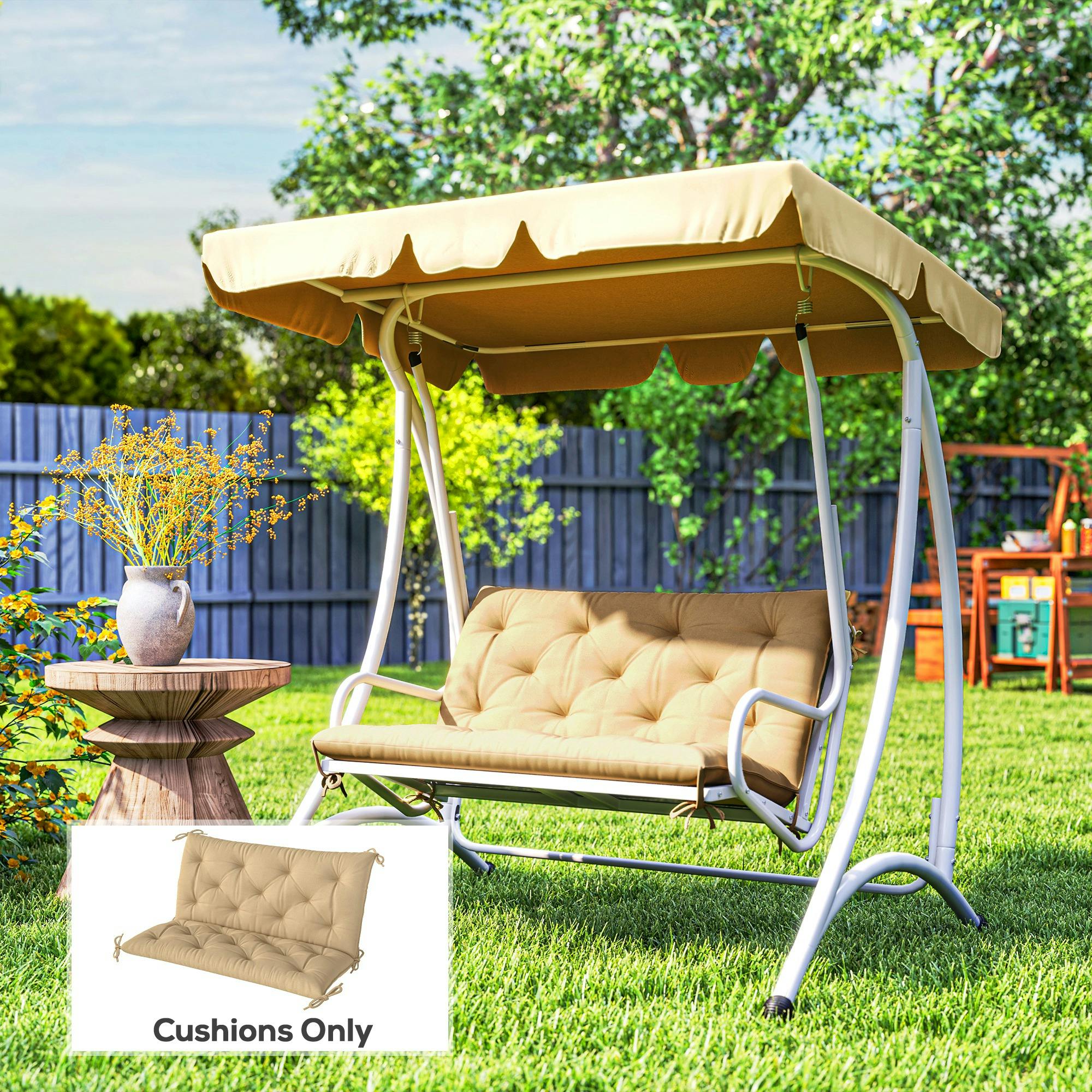 Outsunny 2 Seater Bench Pad, Garden Chair Cushion With Back And Ties For Indoor And Outdoor Use, 98 X 100 Cm, Khaki - Image 2