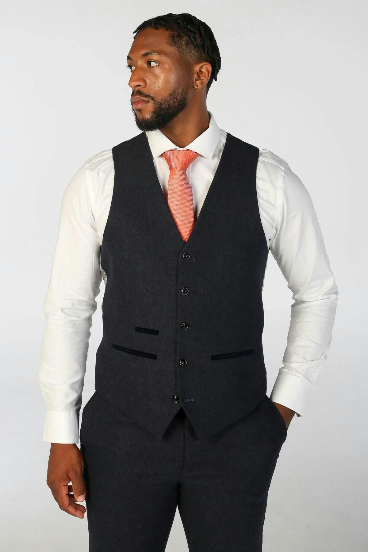 Infinity Leather Men's Blue Navy Wool Blend Tweed Formal Waistcoats - Navy - 52