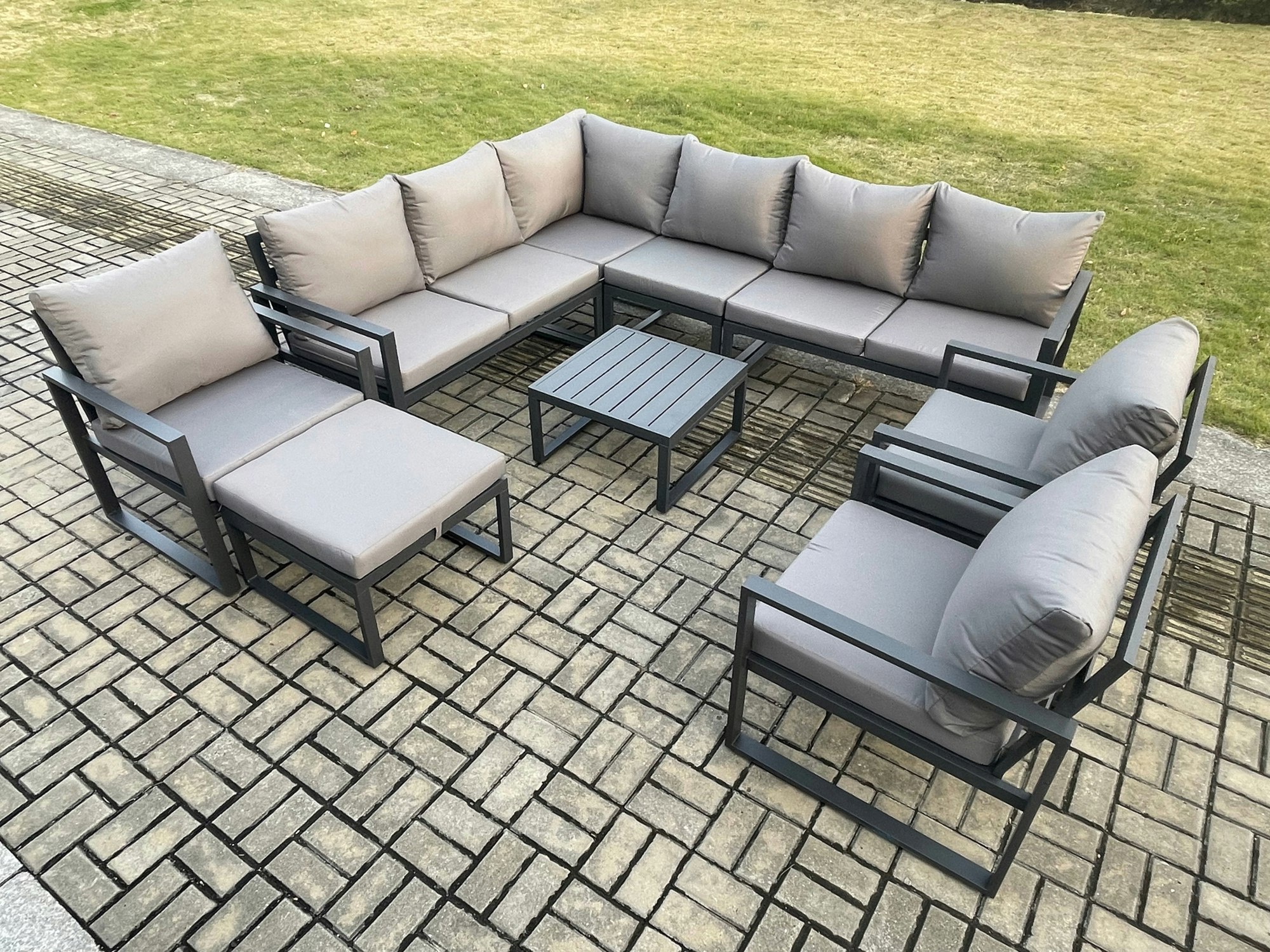 Rackhams Dark/Grey 10 Seater Aluminium Garden Furniture Set Outdoor Lounge Corner Sofa 3 Pcs Chair Square Coffee Table Sets With Big Footstool