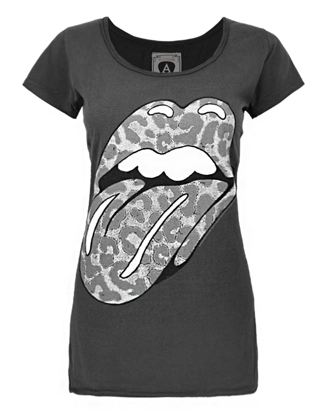 Vanilla Underground Women's Grey Amplified Clothing Rolling Stones Leopard Tongue Logo Short Sleeved T-Shirt - Small