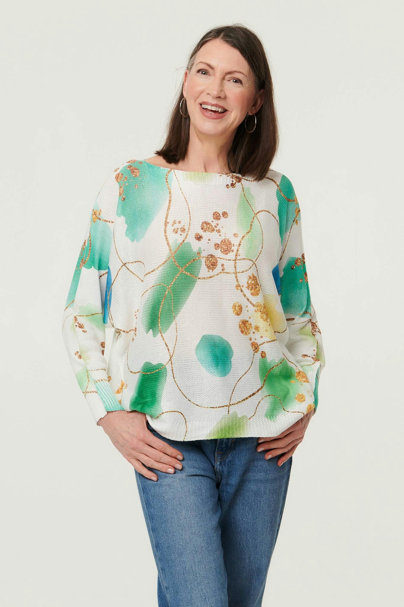 Izabel London Green Printed Textured Mesh Long Sleeve Top - S