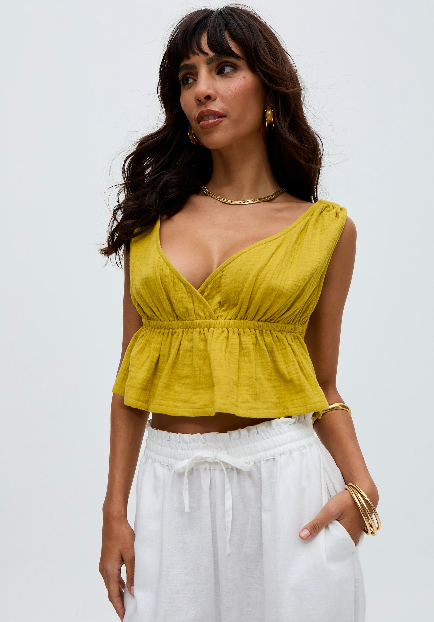 Raffya Yellow Katty Deep-V Neck Blouse In - 8