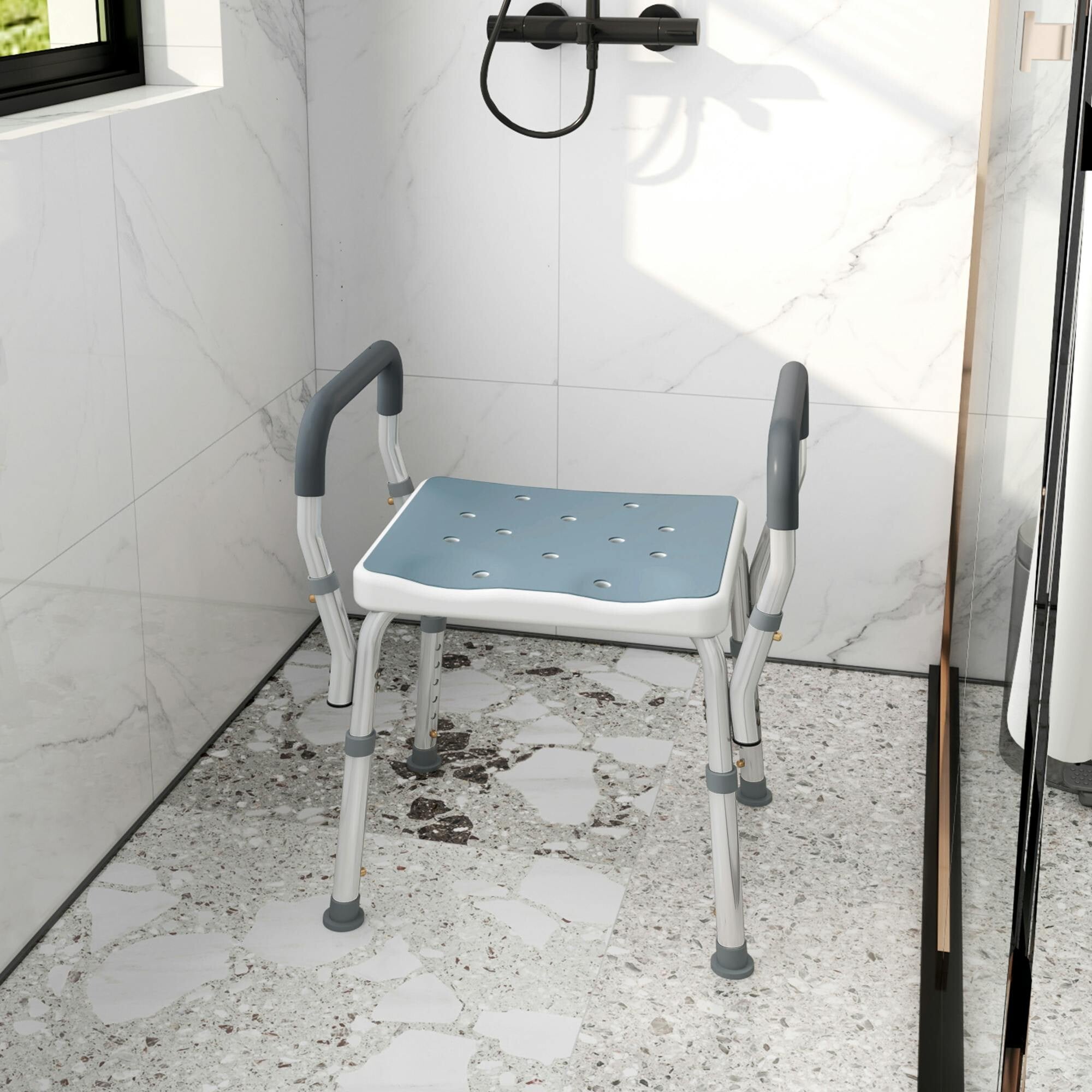 HOMCOM Aluminium Height Adjustable Bath Chair 69cm Light Blue - Image 4