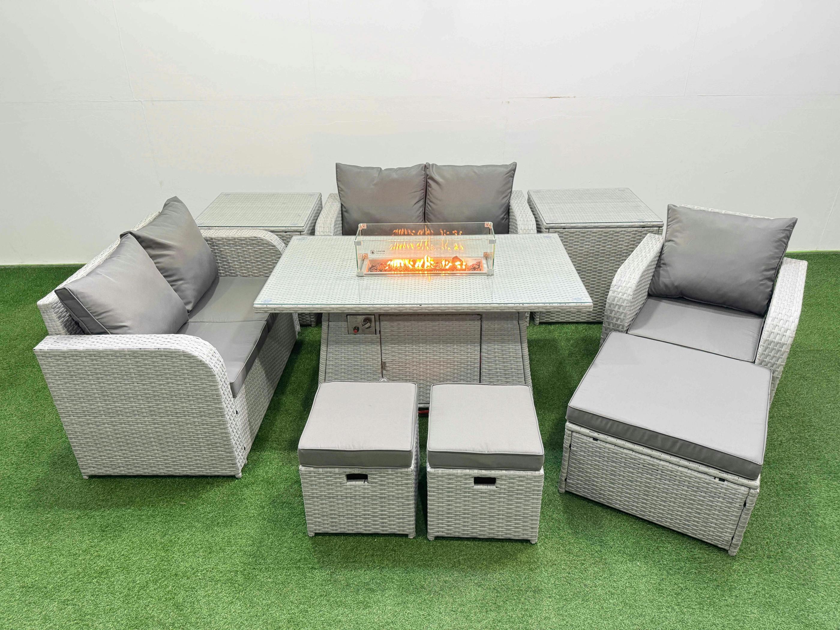 Fimous Light/Grey High Back Poly Rattan Garden Furniture Set, Reclining Chair, Loveseat, Firepit Table, Indoor Outdoor, 3 Stools, 2 Side Table,