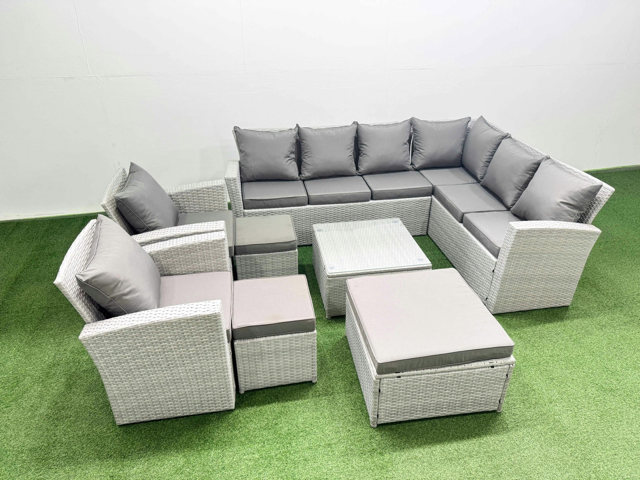 Fimous Light/Grey Rattan Garden Outdoor Furniture Set 11 Seater Rattan Garden Sofa Set With 2 Armchairs 3 Footstools Mixed