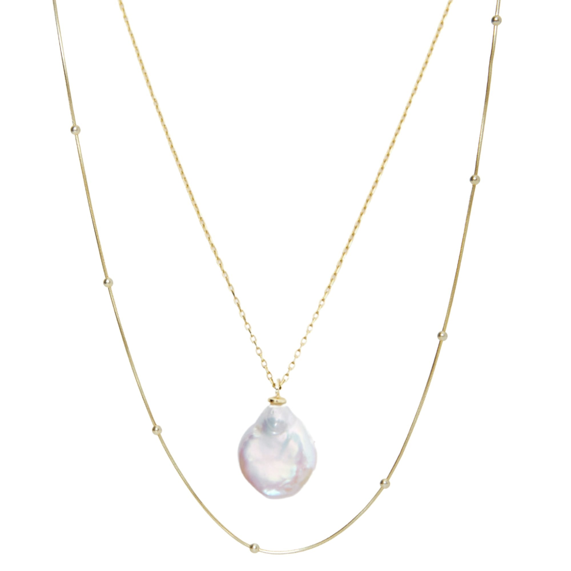 Spero London Silver/Gold Baroque Flat Pearl Pendant And Italian Beaded Sterling Stacking Necklace Set