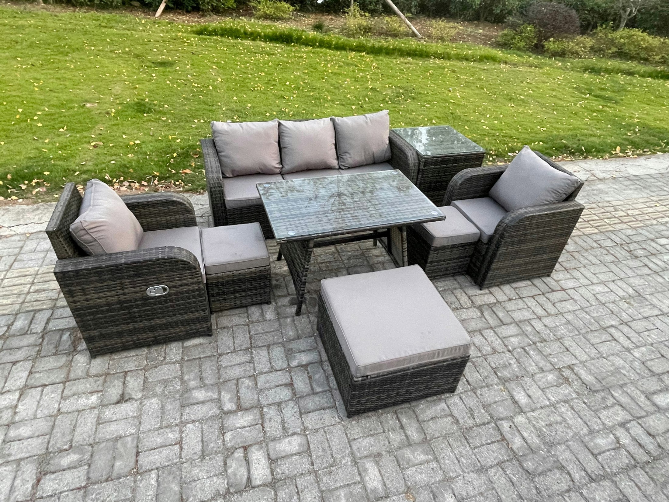 Fimous Dark/Grey 8 Seater Rattan Conservatory Sofa Set - Rectangular Dining Table, Reclining Chair, 3-Seater Sofa & 3 Footstools