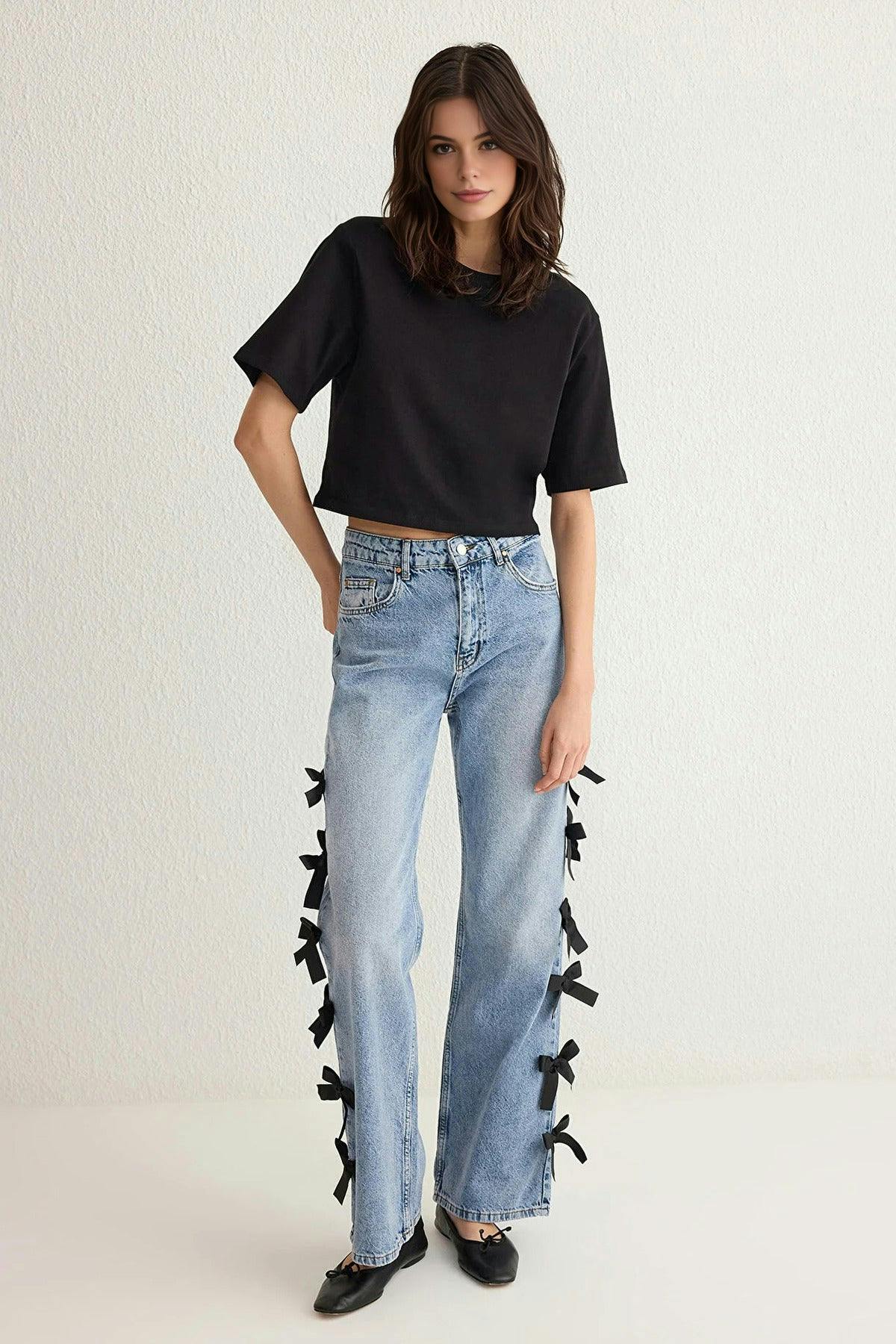 Wovcor Blue Ribbon/Bow Detailed Normal Waist Wide Leg Jeans - 12