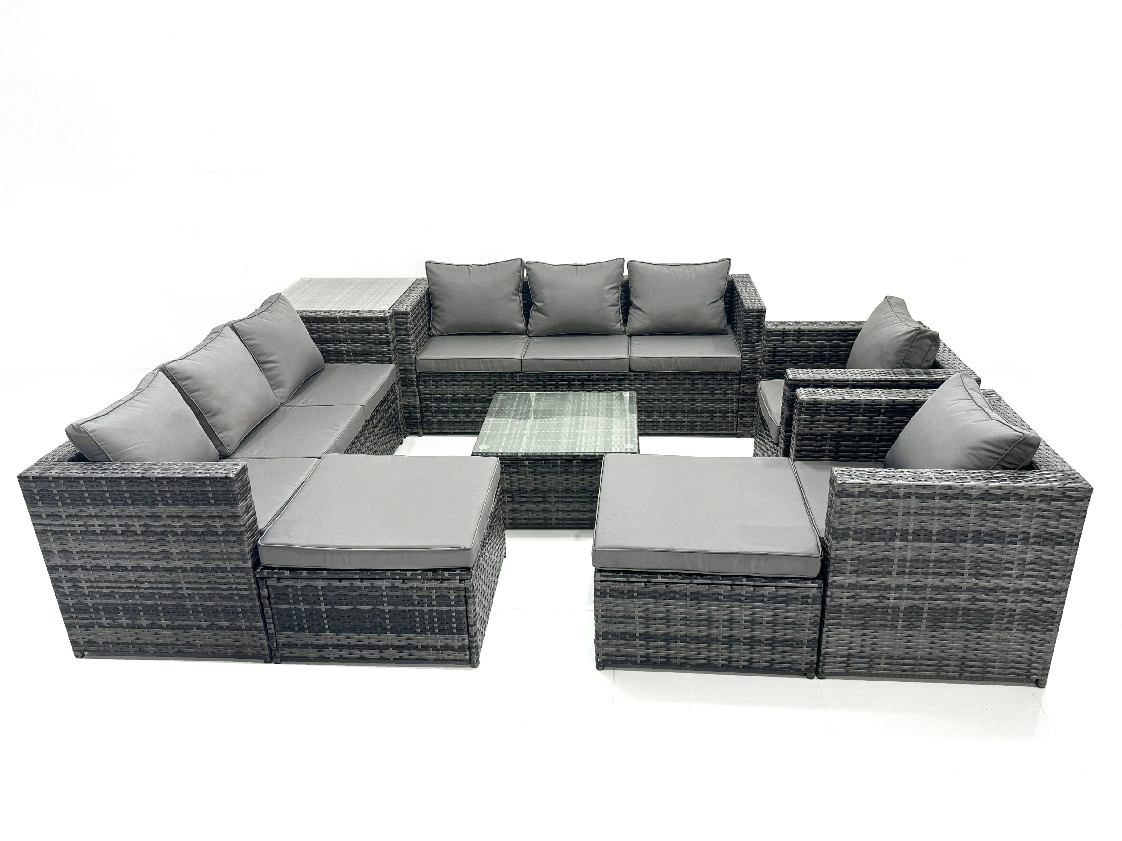 Rackhams Dark/Grey Outdoor Rattan Garden Furniture Set 10 Seater Sofa Set With Armchair Square Coffee Table Side Table 2 Big Footstool Mixed