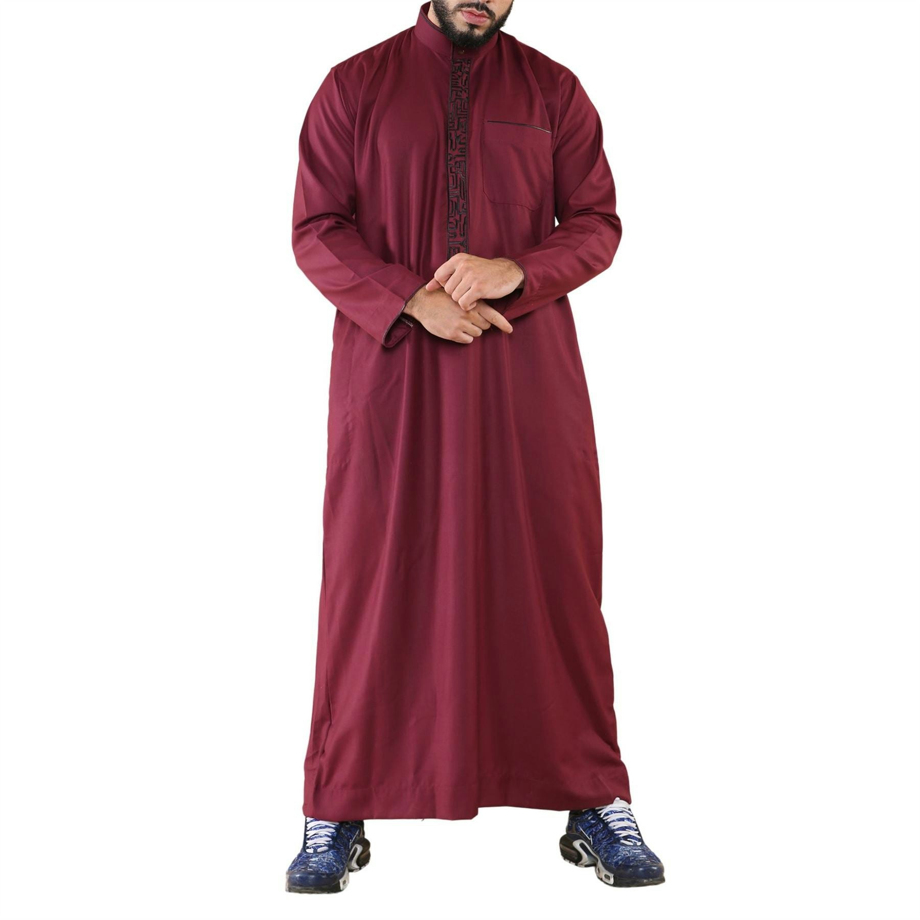 Thobez Men's Thobe Jubba Nehru Islamic Clothing Muslim Cotton Kaftan Embroidery Eid Robe - Wine - Small