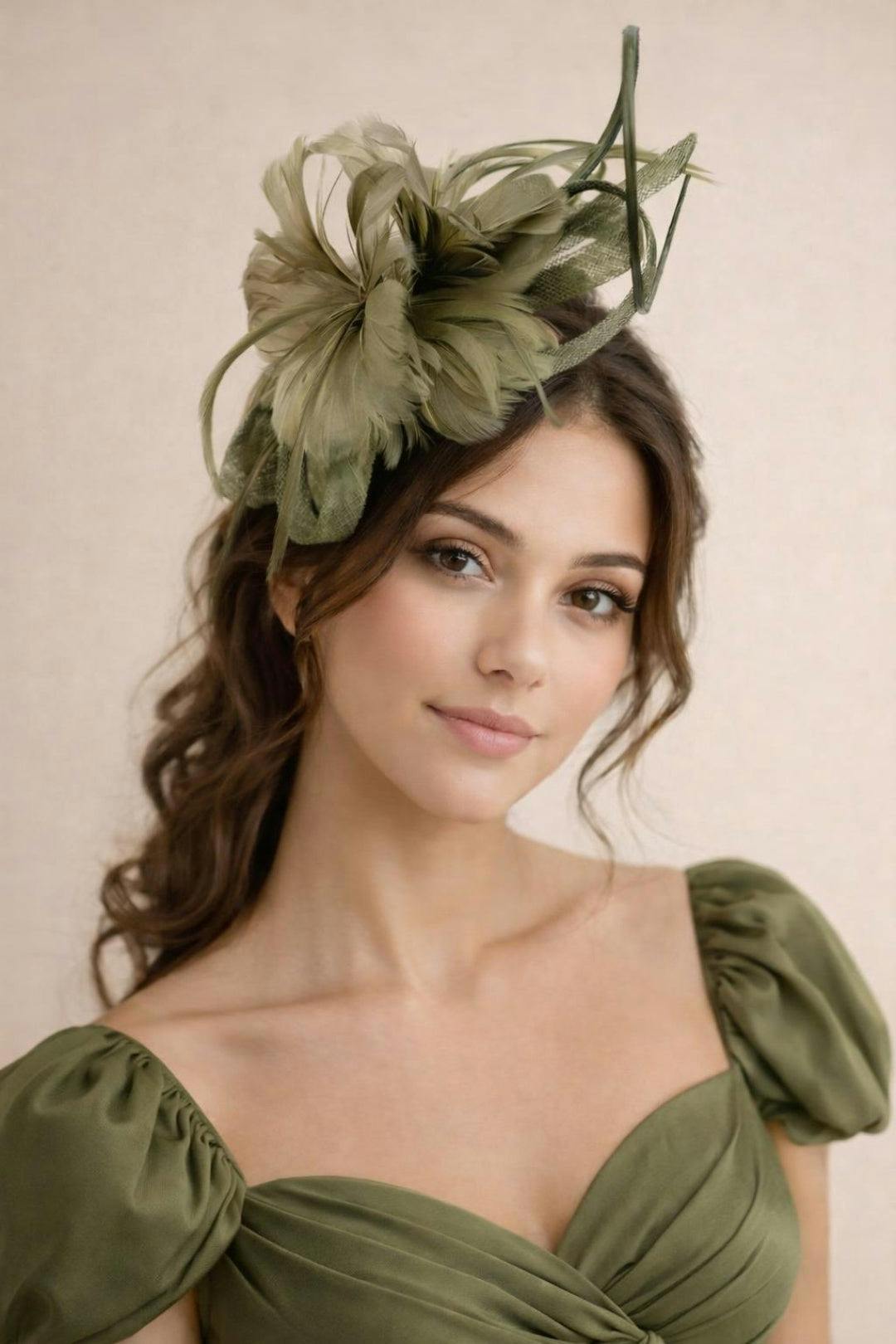 Svnx Green Floral Feather Fascinator With Loops In Olive