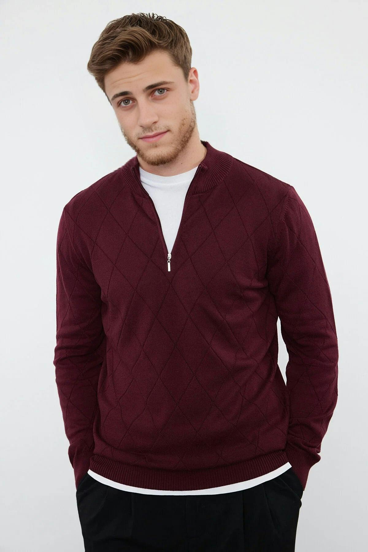 Wovcor Men's Burgundy Slim Fit Half Turtleneck Zippered Collar Knit Sweater - S